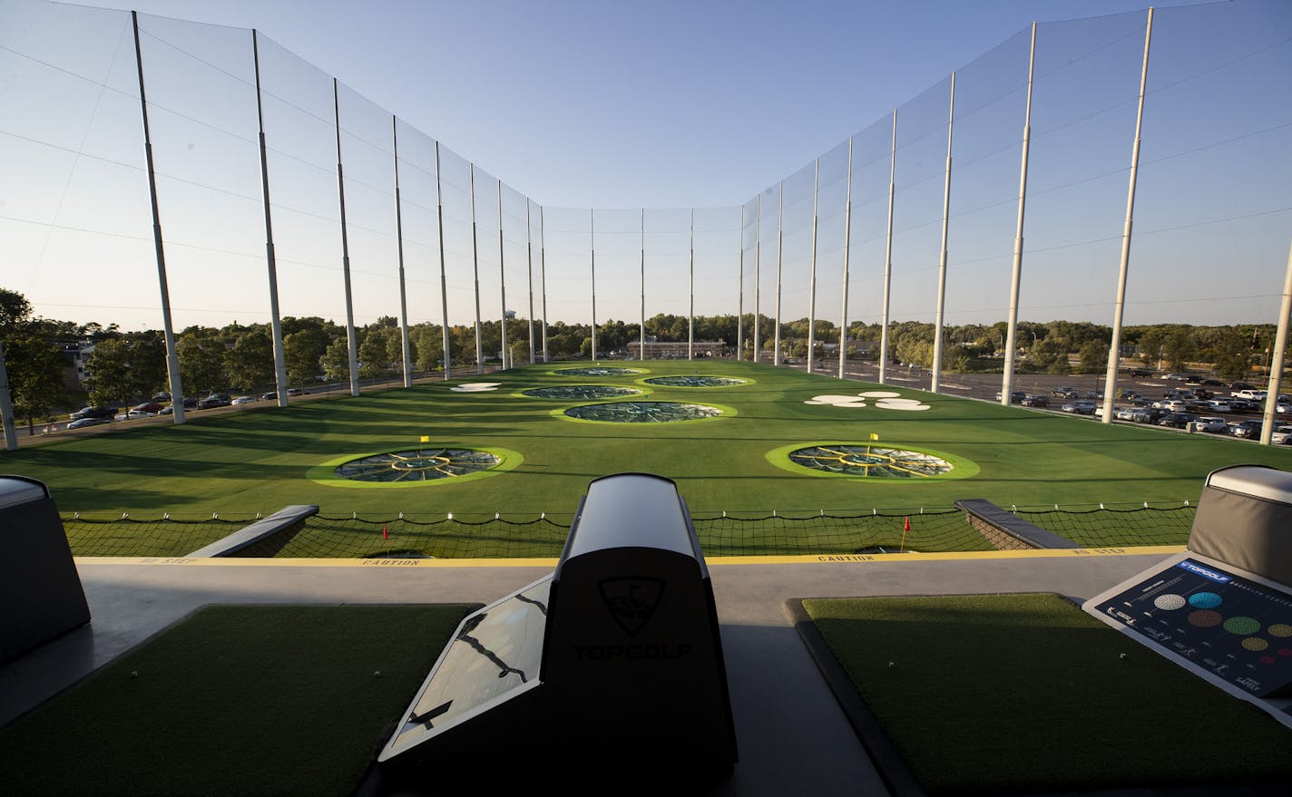 The view from one o fetch three driving decks of the new TopGolf in Brooklyn Center. ] CARLOS GONZALEZ &#xef; cgonzalez@startribune.com &#xf1; September 12, 2018, Brooklyn Center, MN, TopGolf, a fancy new golf simulator space, is opening soon in Brooklyn Center. Top Golf