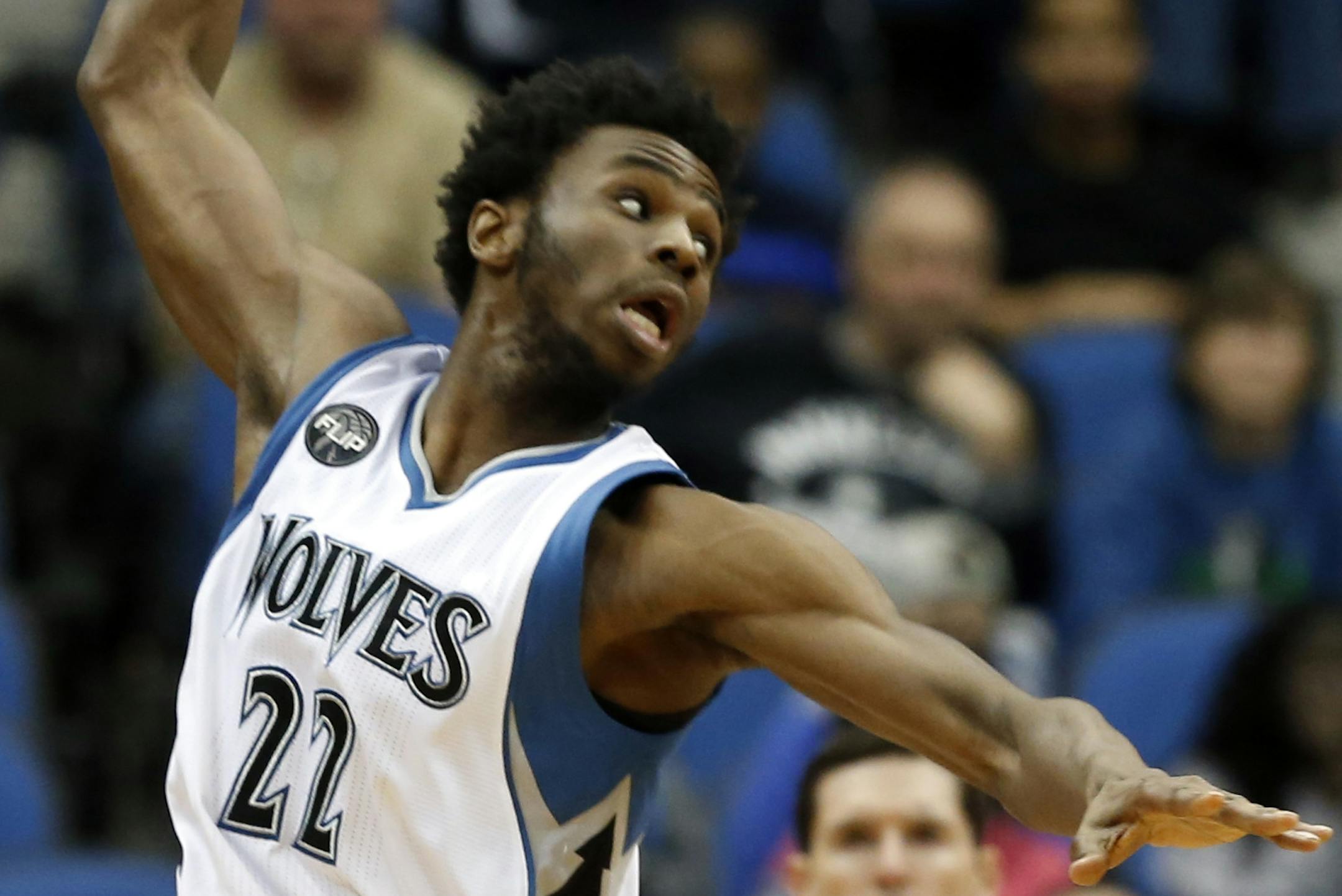 Minnesota Timberwolvesí Andrew Wiggins plays against the Los Angeles Clippers in the second half of an NBA basketball game, Monday, Dec. 7, 2015, in Minneapolis. (AP Photo/Jim Mone)
