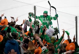 Greenway/Nashwauk-Keewatin forward Donte Lawson (13) celebrates the team's overtime win over Mahtomedi with fans.