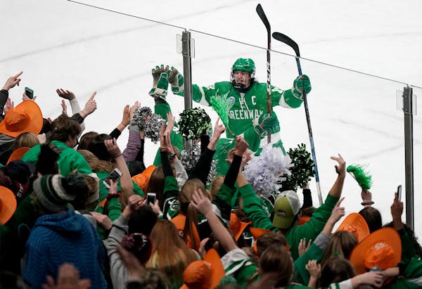 Greenway/Nashwauk-Keewatin forward Donte Lawson (13) celebrates the team's overtime win over Mahtomedi with fans.