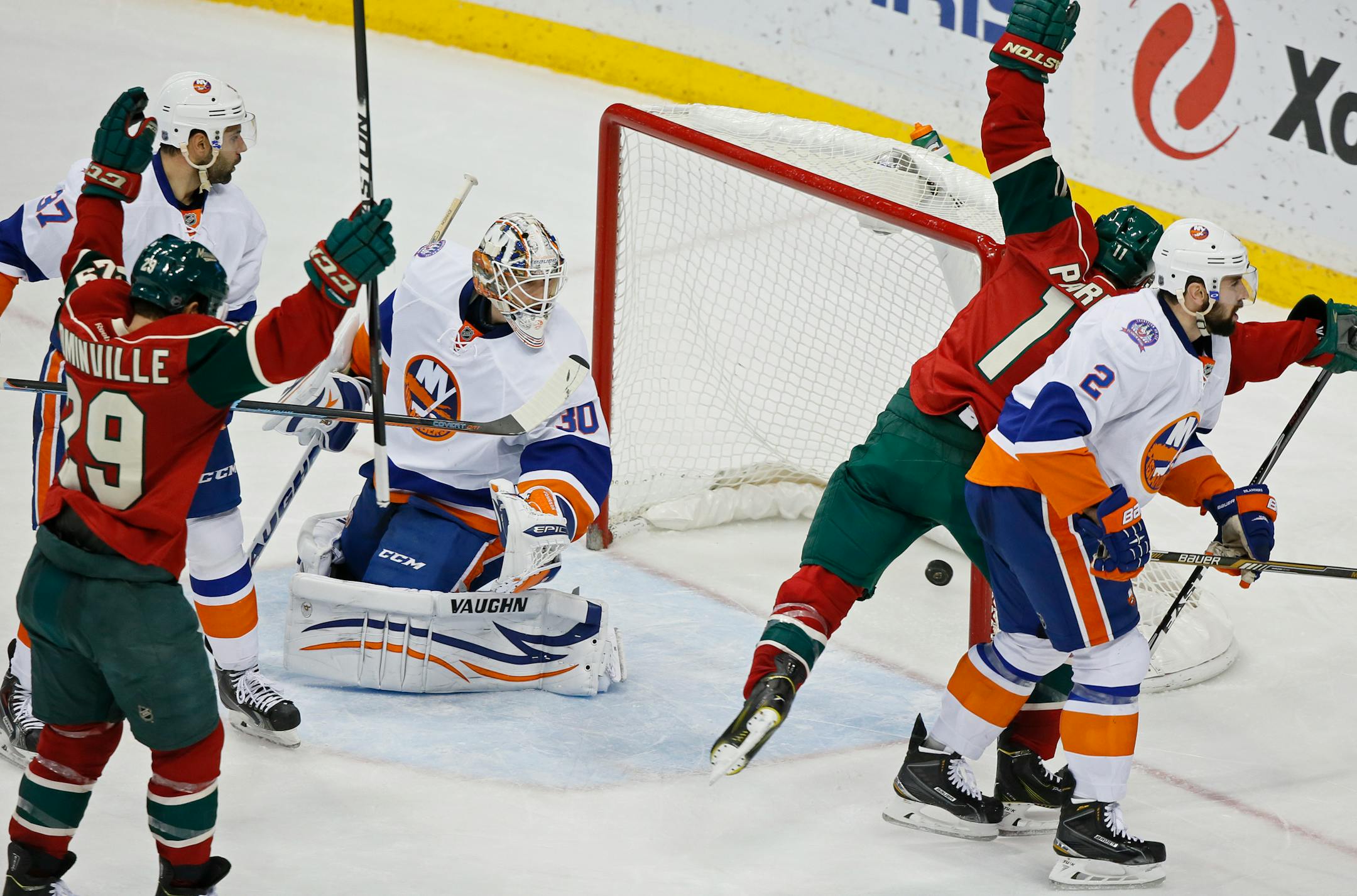 Jason Pominville(29) and Zach Parise(11) celebrate the first goal.] in the Wild game at the Xcel Center against the New York Islanders.Richard Tsong-Taatarii/ rtsong- taatarii@startribune.com