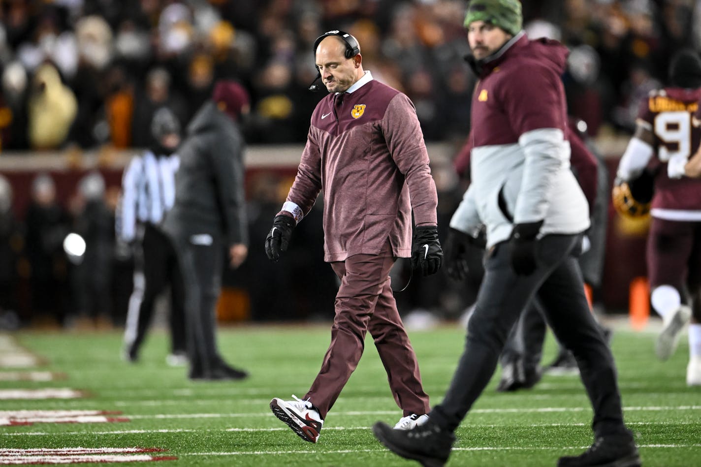 P.J. Fleck reacts after an Iowa interception late in the fourth quarter Saturday