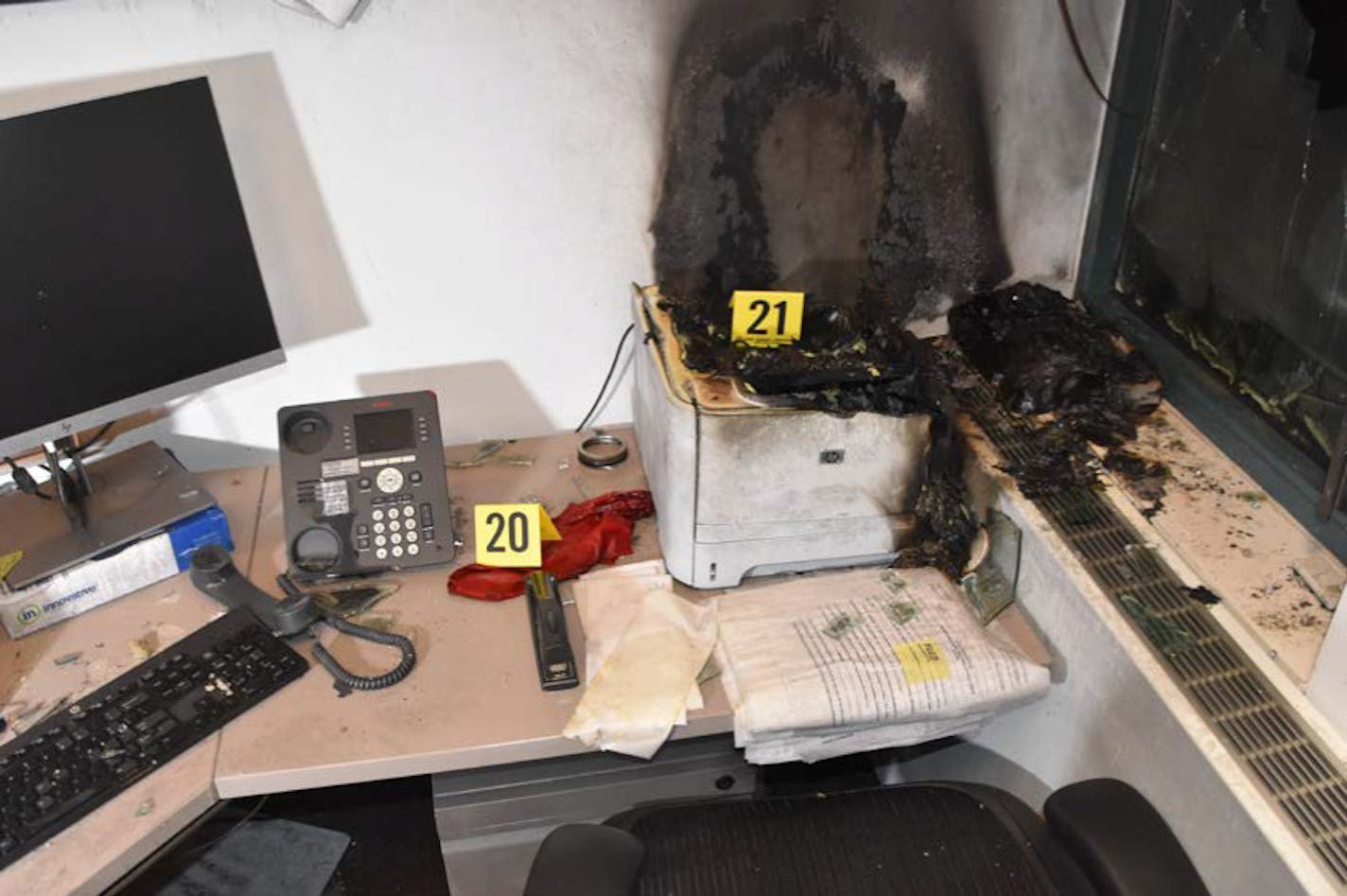 A photograph of the damage inside the Dakota County courthouse after two suspects allegedly threw Molotov cocktails into the building in the aftermath of rioting over the death of George Floyd in police custody.