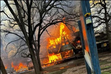 A building burned on the Minnesota Renaissance Festival grounds on April 17, 2025.