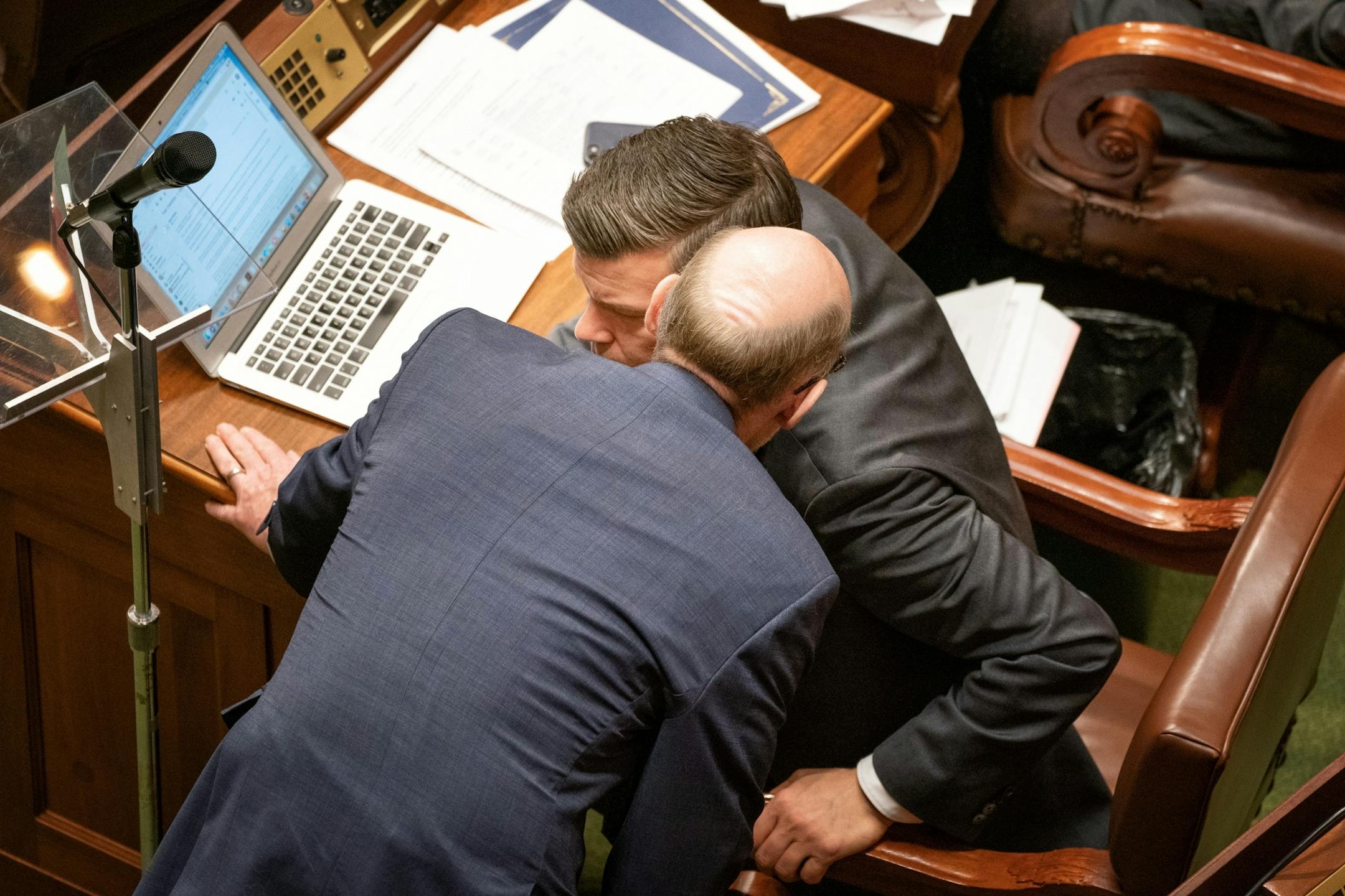 Rep. Jim Davnie, D-Minneapolis, talked with Majority Leader Ryan Winkler, D-Golden Valley as he defended his omnibus education bill on the House floor. The education bill faced over a hundred amendments and amendments to the amendments. The House was expected to take up their omnibus jobs and energy bill after this one.