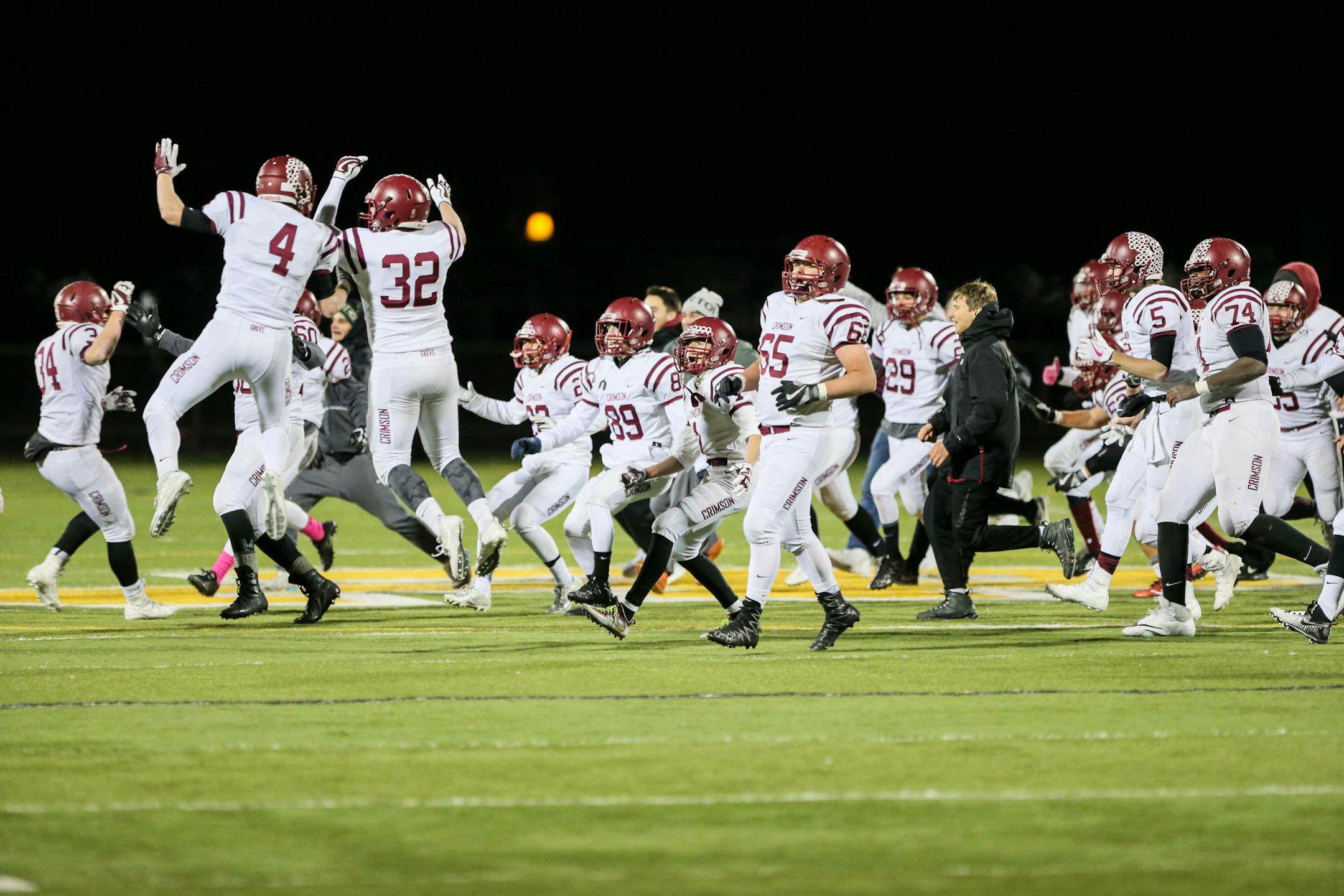 Maple Grove players celebrated an incredible comeback win against St. Michael-Albertville 29-27. ] RENEE JONES SCHNEIDER ï renee.jones@startribune.com Class 6A quarterfinals between St. Michael-Albertville and Maple Grove on Thursday, November 9, 2017, in Brooklyn Park, Minn.