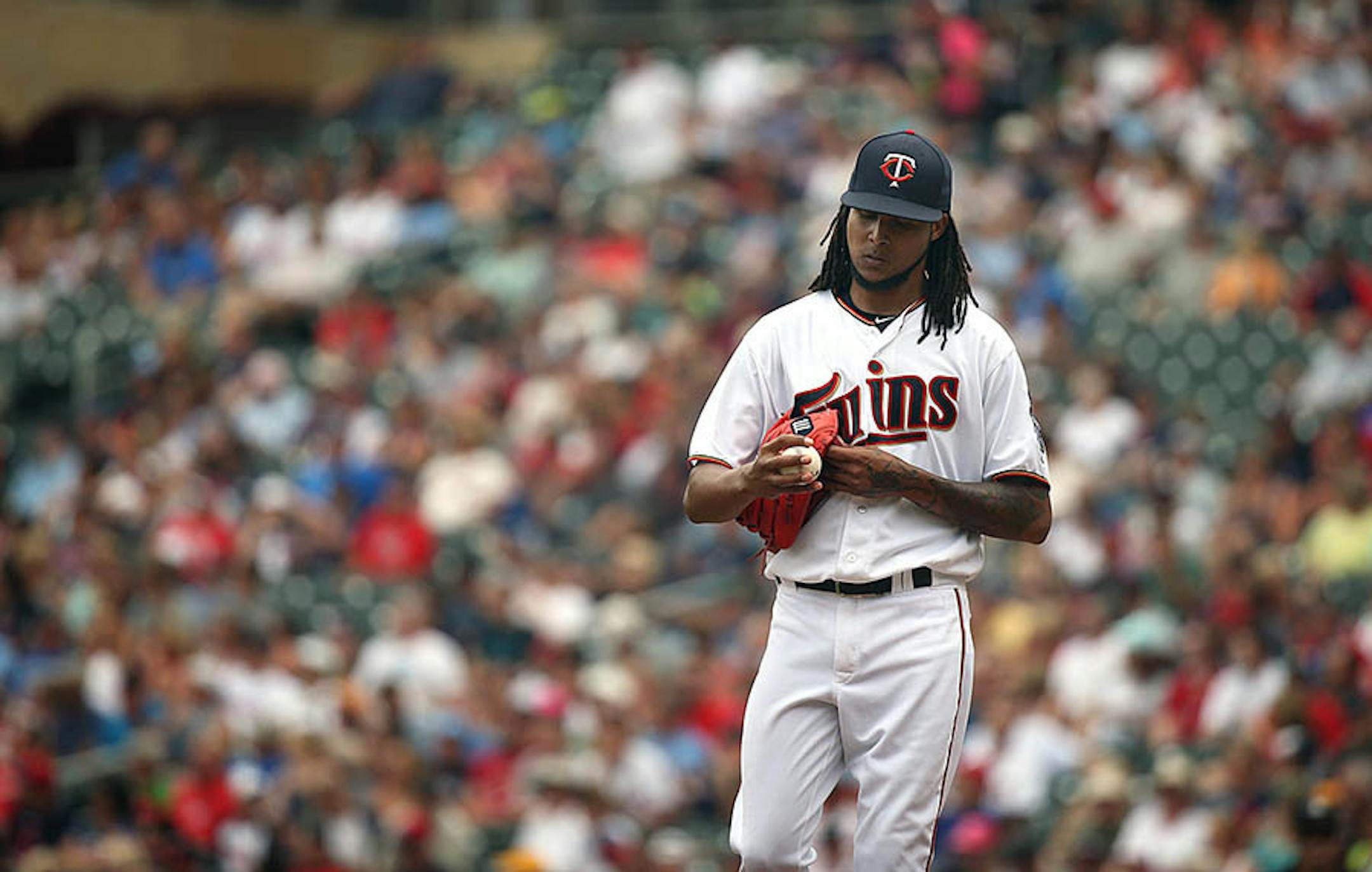 Ervin Santana collected his thoughts after giving up a two-run home run in the fourth inning.