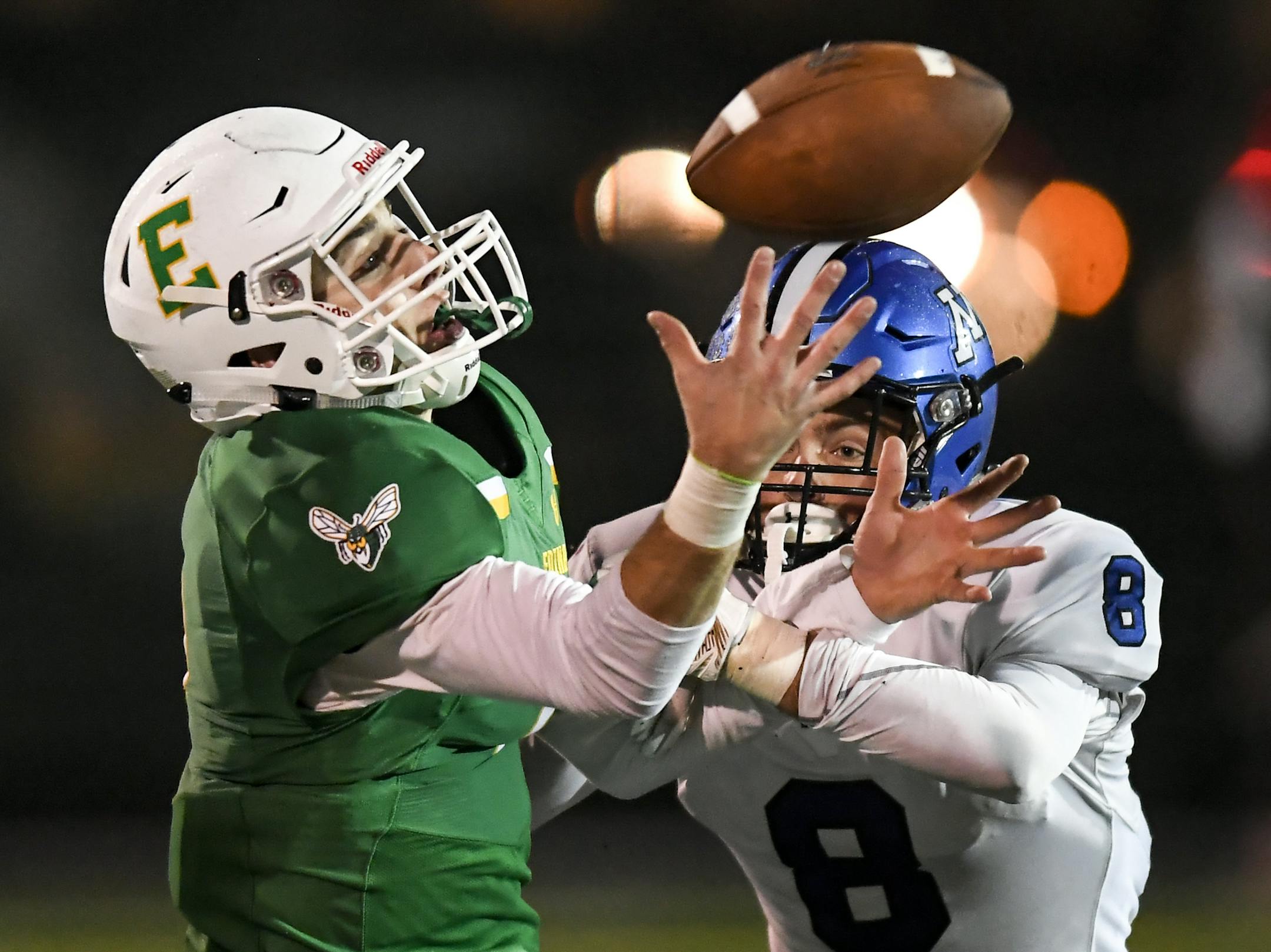 Edina wide receiver Jake Boltman (7) was unable to complete a pass under the defense of Minnetonka cornerback JJ Schechtman (8) in the third quarter Friday. ] AARON LAVINSKY • aaron.lavinsky@startribune.com Edina played Minnetonka in a high school football game on Friday, Oct. 5, 2018 at Edina High School.