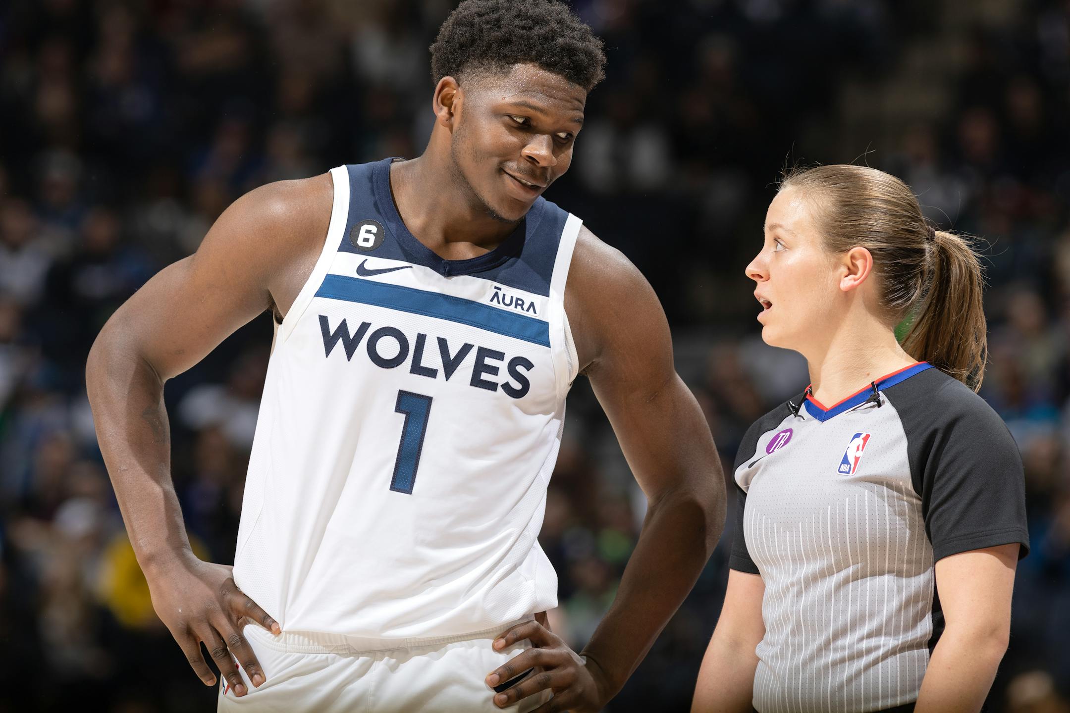 Anthony Edwards (1) of the Minnesota Timberwolves talks to a referee after being called for a foul in the fourth quarter.