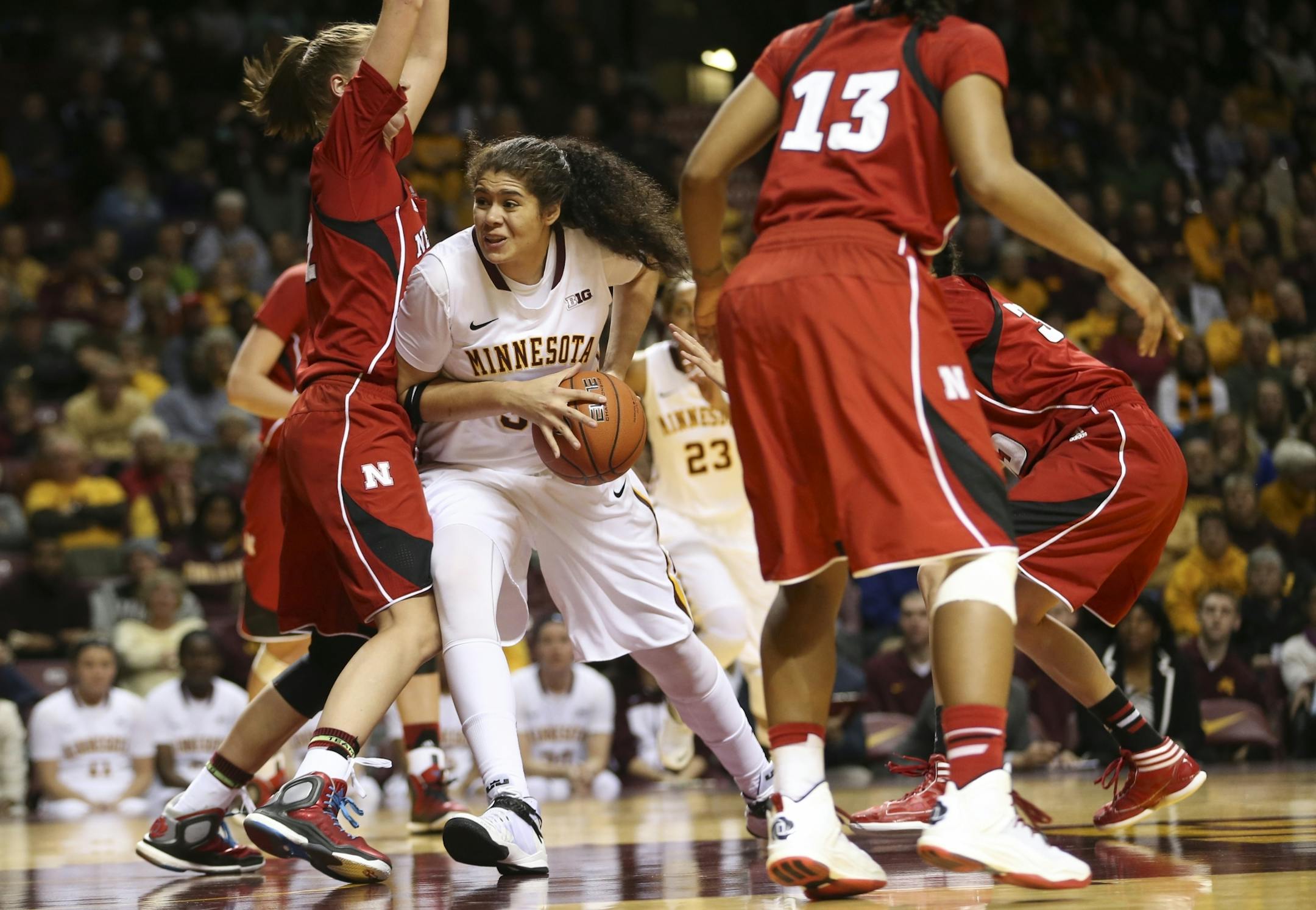 FILE - Minnesota's Amanda Zahui pushed past Nebraska in the second half of a game earlier in the week.