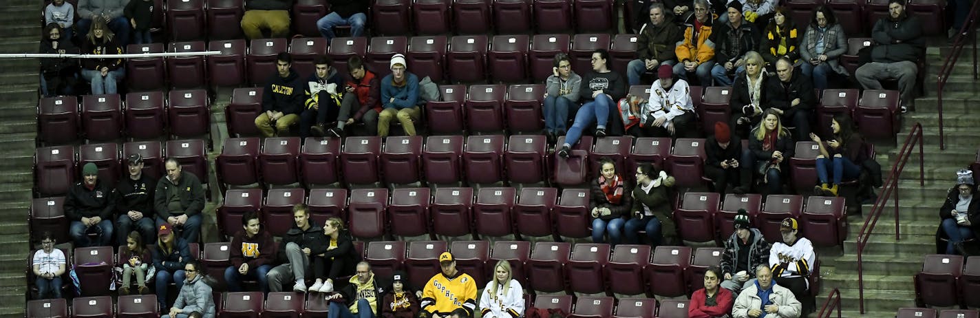 There were plenty of empty seats at Friday night's game between the Minnesota Golden Gophers and the Michigan Wolverines. ] Aaron Lavinsky &#xa5; aaron.lavinsky@startribune.com The University of Minnesota Golden Gophers men's hockey team played the Michigan Wolverines Friday, Feb. 1, 2019 at the 3M Arena at Mariucci in Minneapolis, Minn. ORG XMIT: MIN1902012131314926