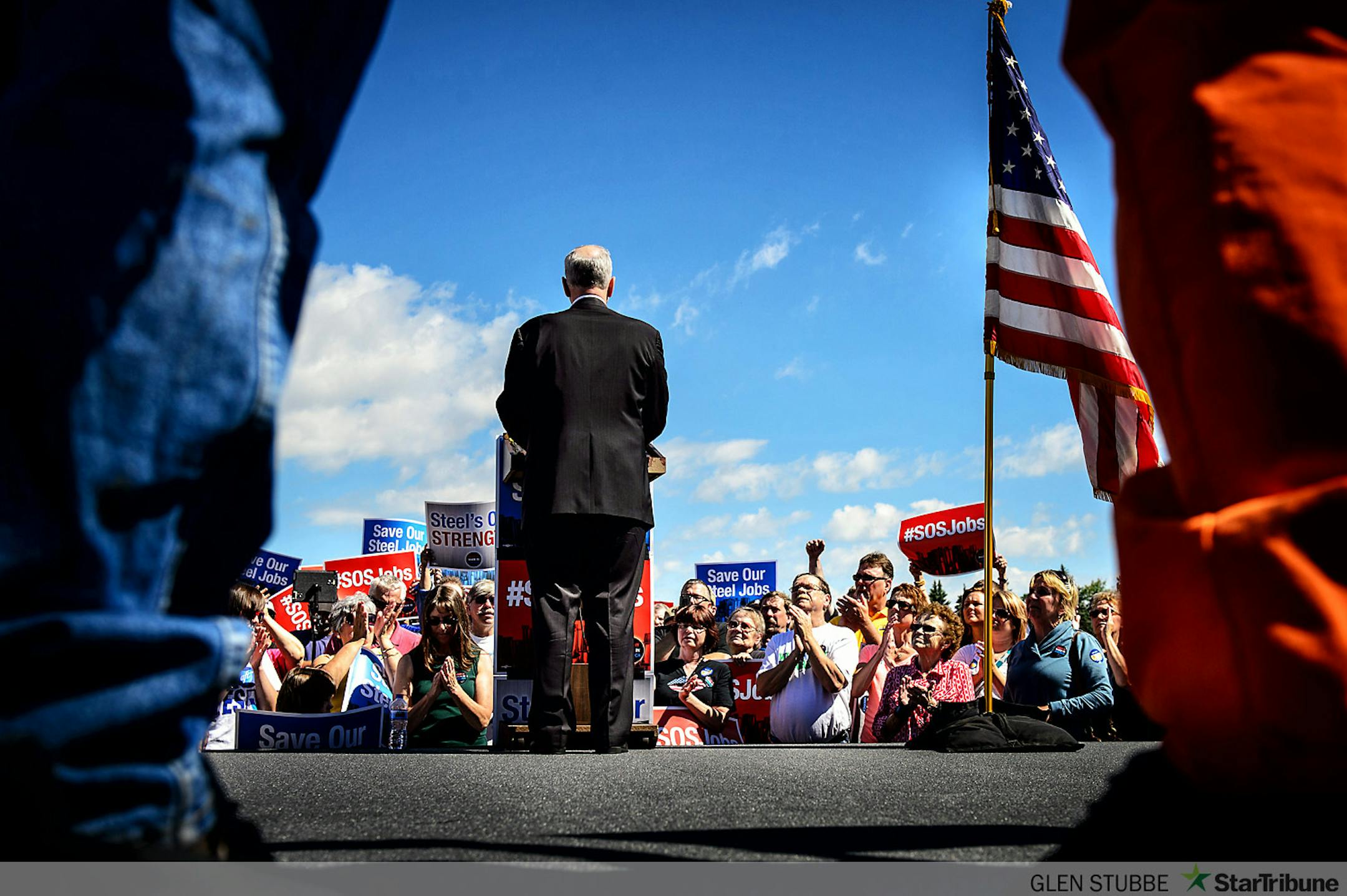 Iron Miners listened to Gov. Mark Dayton at a rally in Virginia, Minnesota against alleged illegal steel dumping from Asian countries.     ]   GLEN STUBBE * gstubbe@startribune.com  Monday June 23, 2014
