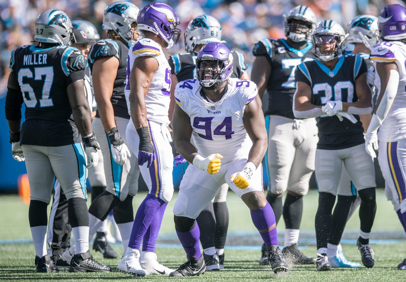 Vikings defensive tackle Dalvin Tomlinson (94) celebrated a sack in the third quarter, Sunday, October 17, 2021 in Charlotte, NC. ] ELIZABETH FLORES • liz.flores@startribune.com