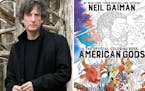 Neil Gaiman and the jacket of "American Gods" the coloring book.