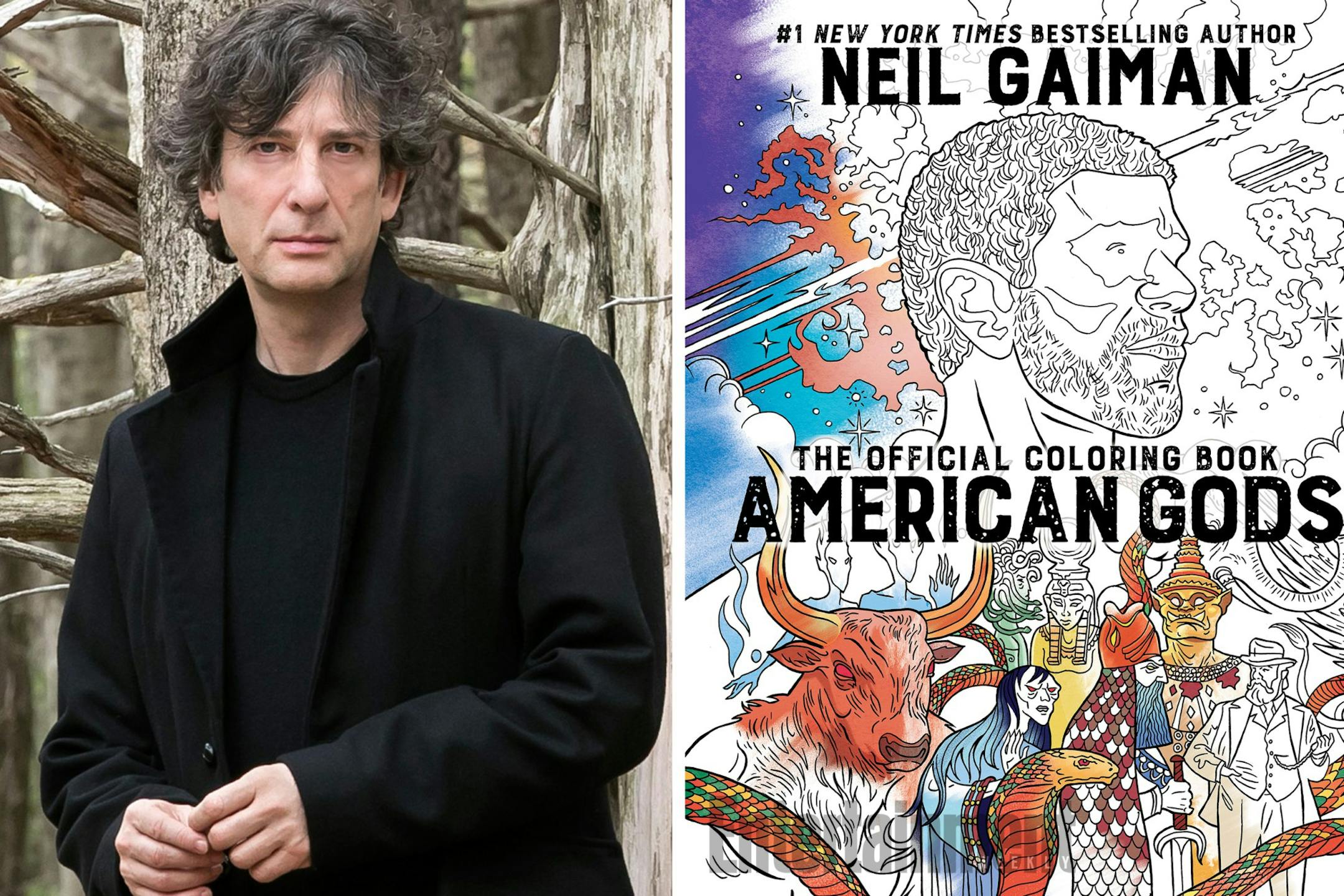 Neil Gaiman and the jacket of "American Gods" the coloring book.