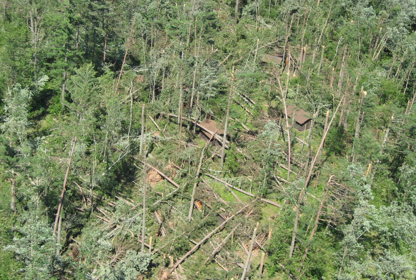 Many buildings at St. John's Group Camp in the eastern part of St. Croix State Park sustained damage in the blowdown. The blowdown of timber is quite extensive including in the main campground areas in the park which sustained similar damage.