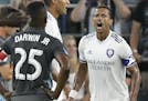 Orlando City forward Nani (17), celebrated after he scored against Minnesota United goalkeeper Vito Mannone (1) during a free kick in the second half.