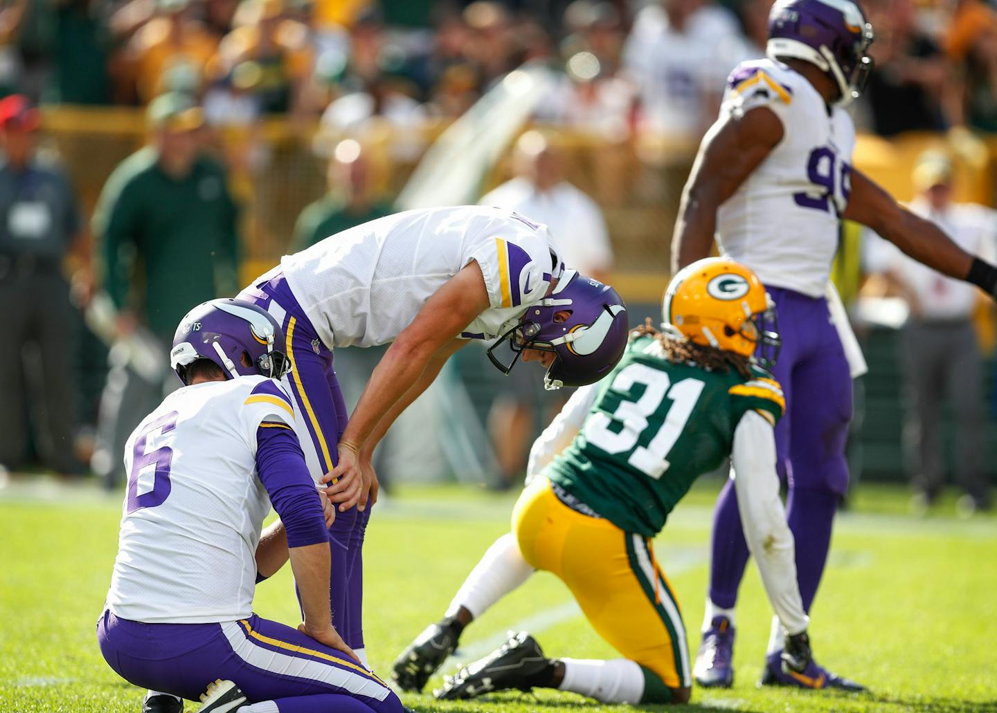 Vikings kicker Daniel Carlson dropped his head after missing a 35-yard field goal attempt in overtime at Green Bay. He was released the next day, and was signed by Oakland.