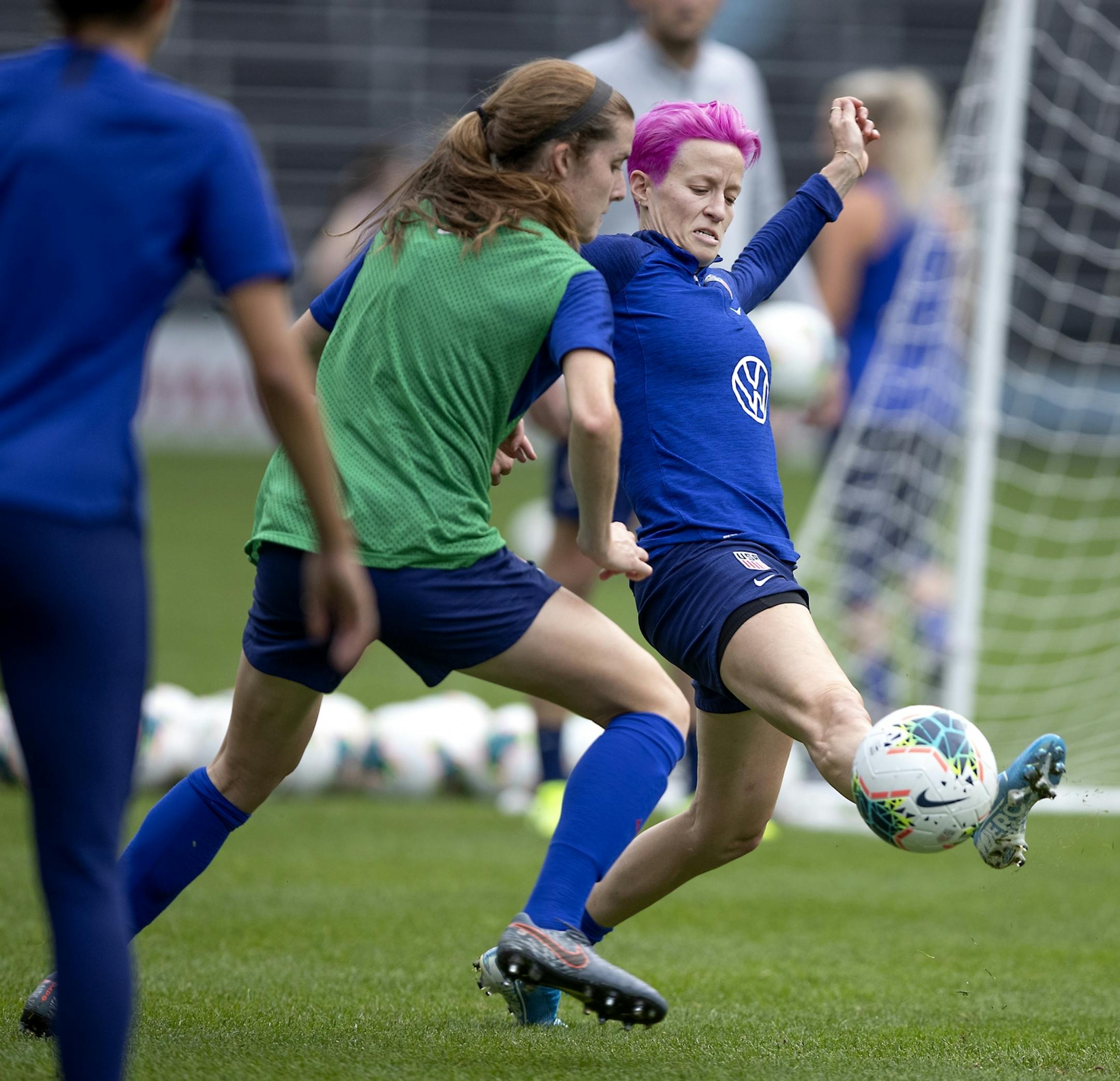U.S. women's national team forward Megan Rapinoe battled for the ball during an open practice at Allianz Field, Monday, September 1, 2019 in St. Paul, MN. They will play a friendly game against Portugal on Tuesday.