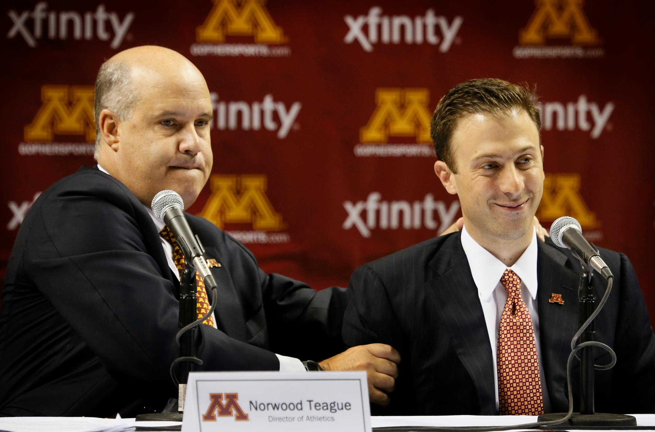 Minnesota Athletic Director Norwood Teague introduced new coach Richard Pitino.
