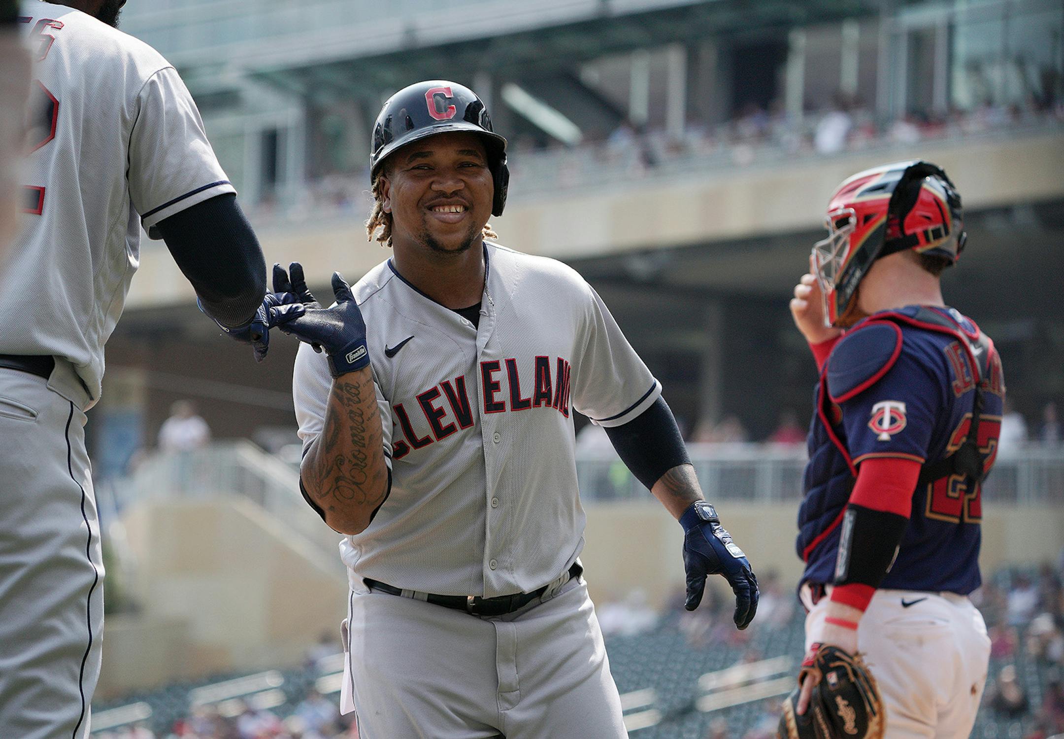 Cleveland's Jose Ramirez celebrates his 1st inning home run.