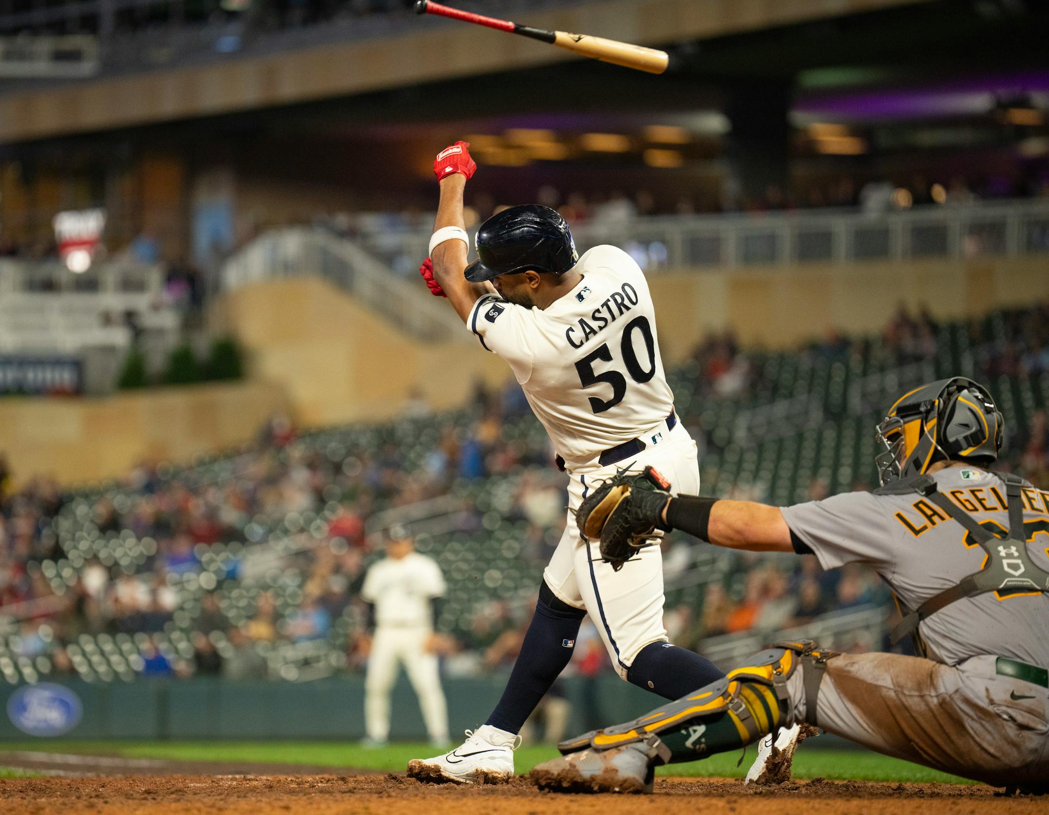 Minnesota Twins left fielder Willi Castro lost the grip on his bat as he struck out in the eighth inning. The Minnesota Twins defeated the Oakland Athletics 11-3 in an MLB baseball game Tuesday night, September 26, 2023 at Target Field in Minneapolis. ] JEFF WHEELER • jeff.wheeler@startribune.com