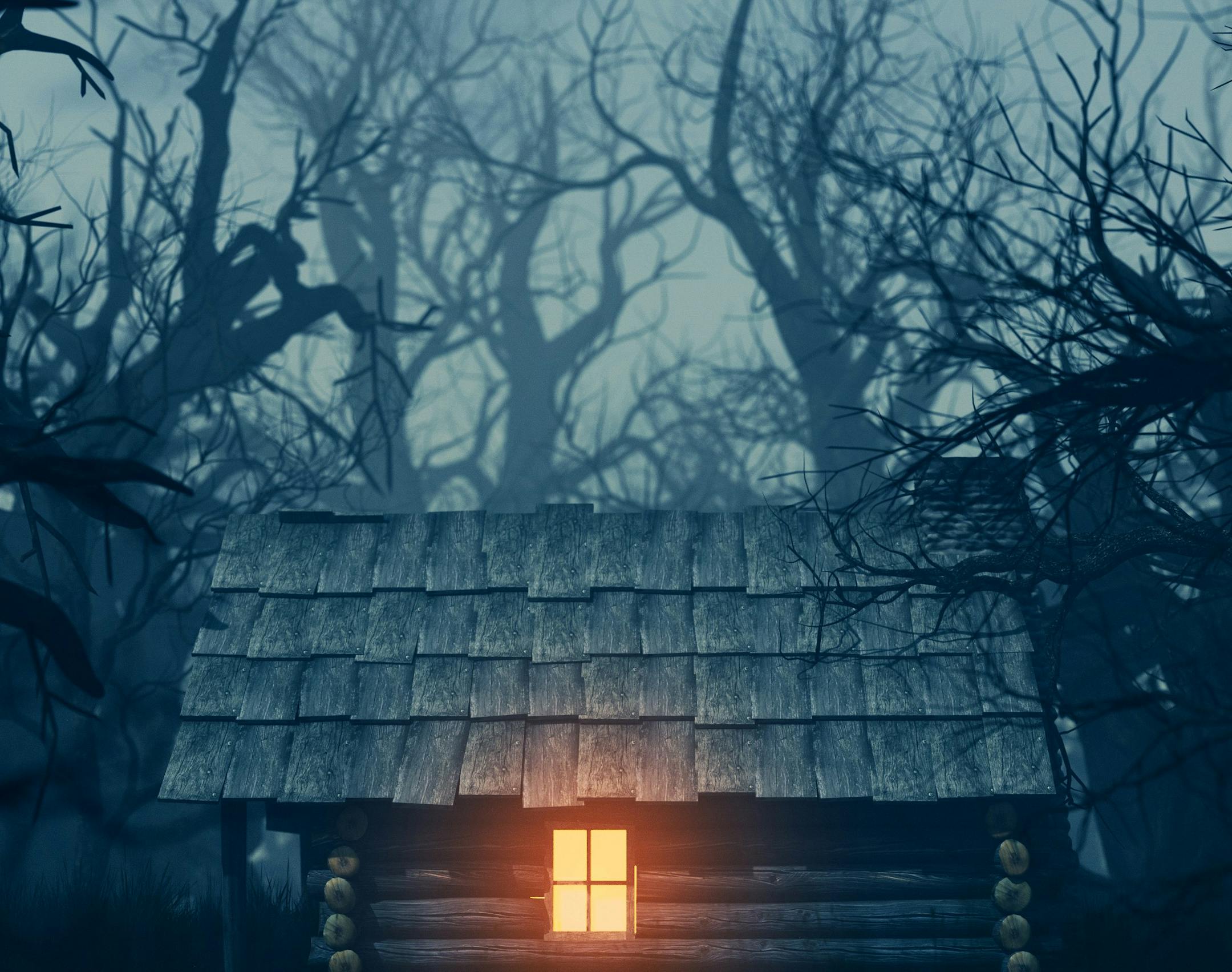 Light from window of an old cabin in haunted forest, 3d illustration for your book cover project