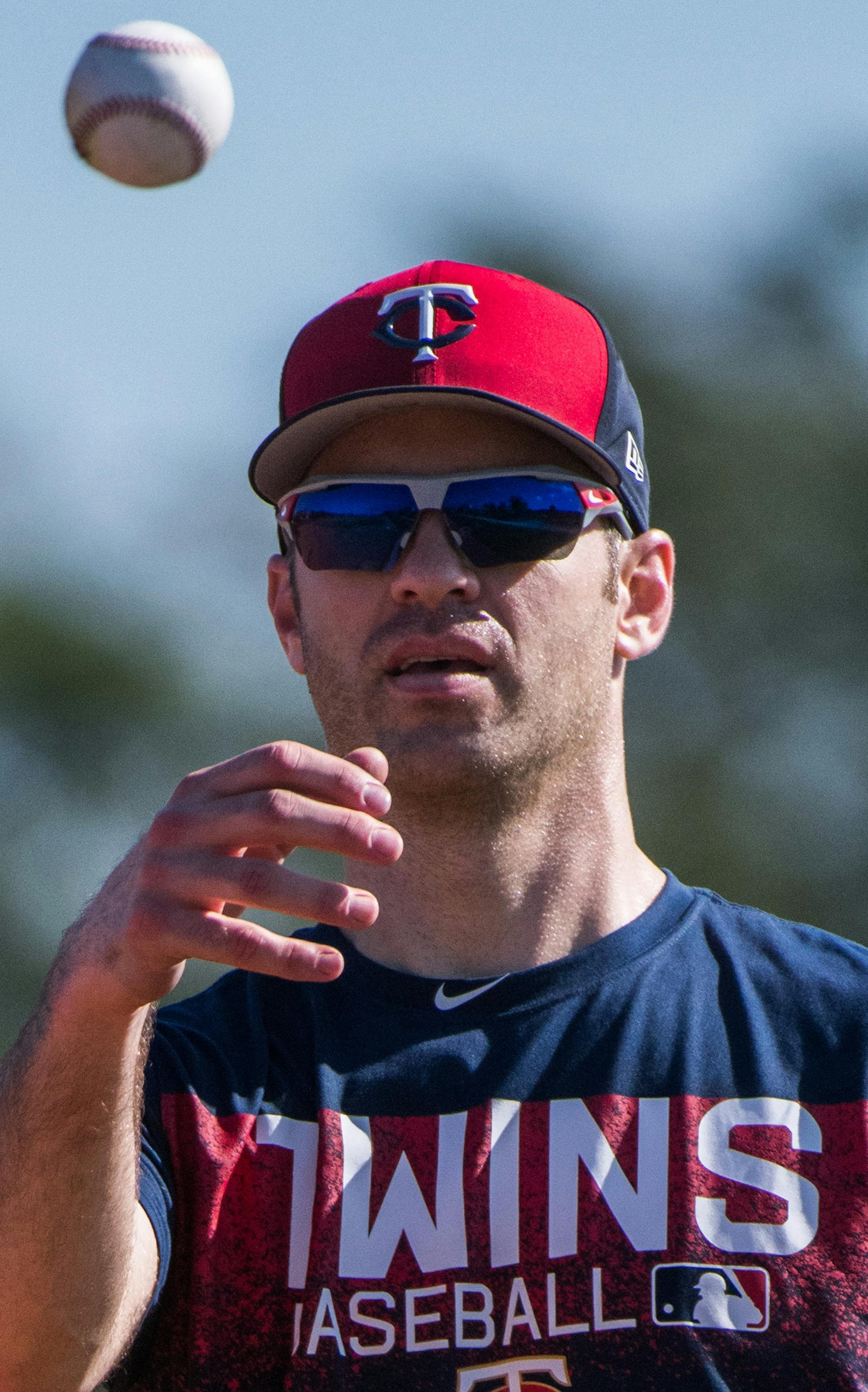 Twins first baseman Joe Mauer ran for ground balls during workouts. ] MARK VANCLEAVE ï mark.vancleave@startribune.com * Second day of pitcher and catcher workouts at Twins spring training in Fort Myers, Florida on Thursday, Feb. 15, 2018.
