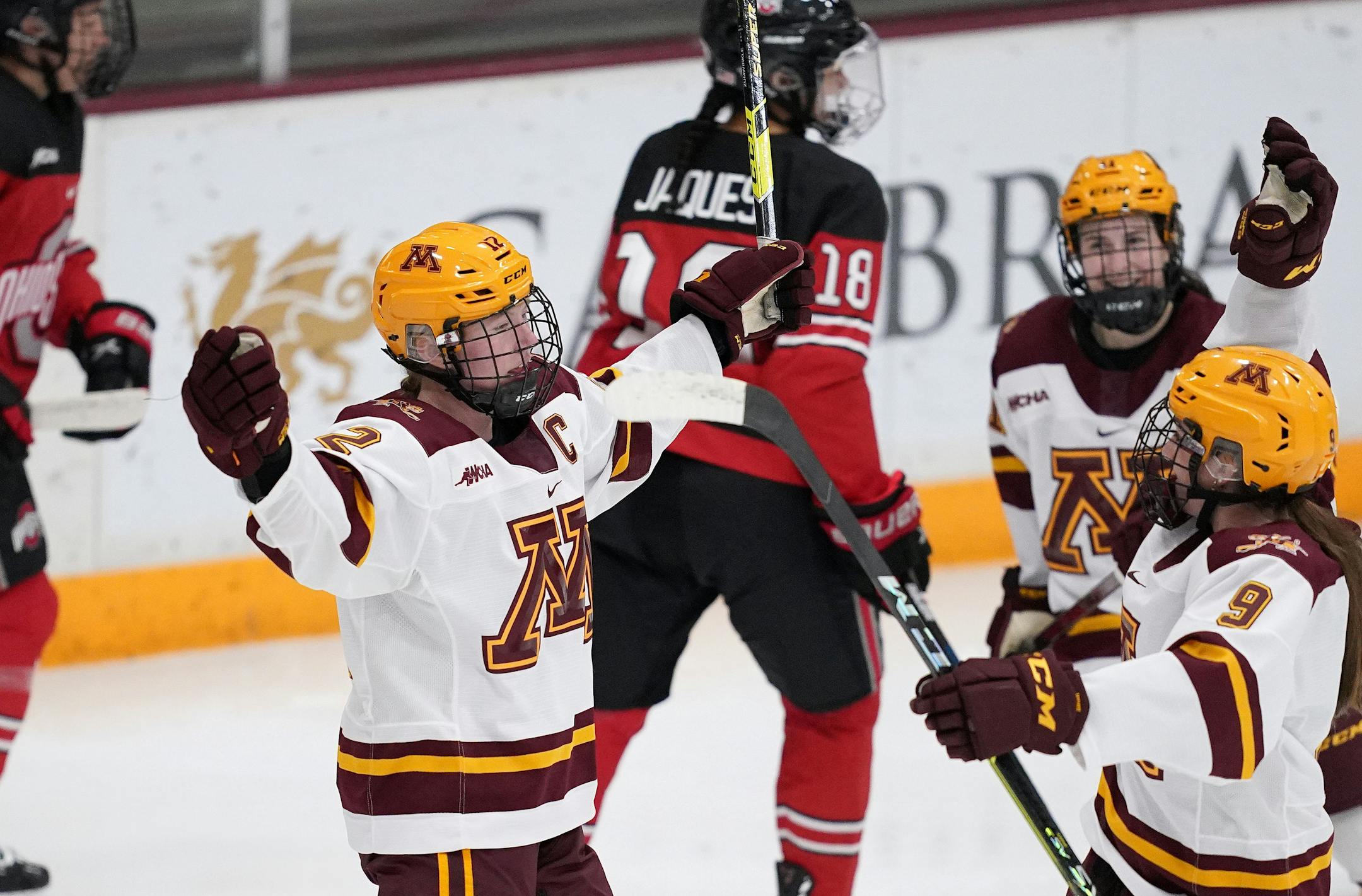 Gophers forward Grace Zumwinkle celebrated after scoring a goal past Ohio State goaltender Andrea Braendli in the first period.