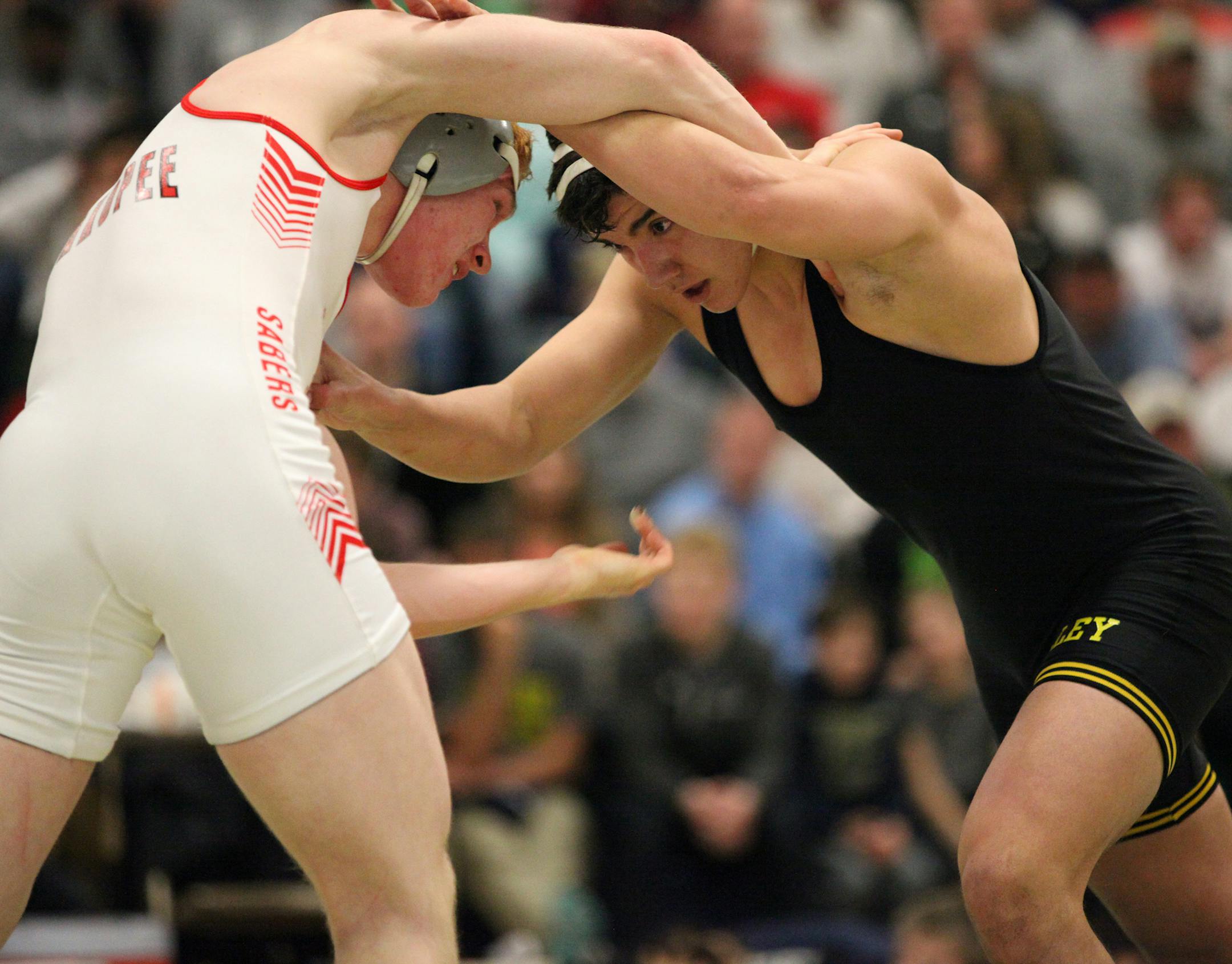 Shakopee Sabers Sam Webster and Apple Valley Eagles Devin Roberts wrestling. ] XAVIER WANG &#x2022; xavier.wang@startribune.com Game actions from 2017 Section 2AAA Team Wrestling Tournament final section between the Shakopee Sabers and Apple Valley Eagles Friday. Feb, 17. 2017 at Rosemount High School in Rosemount, Minnesota.