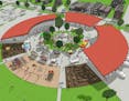 A circle of covered stalls enclosing a green space is one design idea for a new Rochester Farmers Market, given enough land and funding.