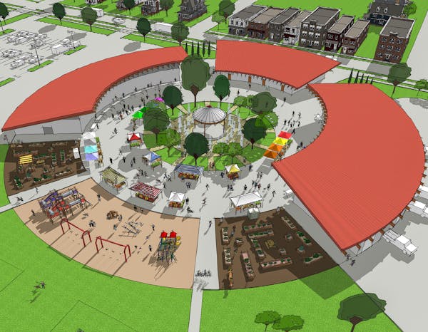 A circle of covered stalls enclosing a green space is one design idea for a new Rochester Farmers Market, given enough land and funding.