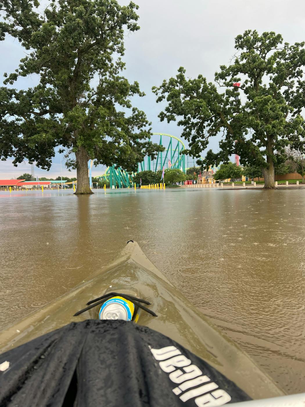 A view from a kayak on the floodwaters at the Valleyfair amusement park in Shakopee.