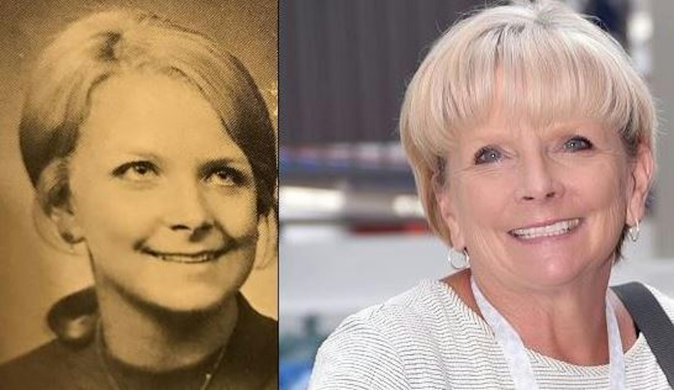 Sandy Zieba's 1971 yearbook photo, and her present-day smile as Sandy Smith.