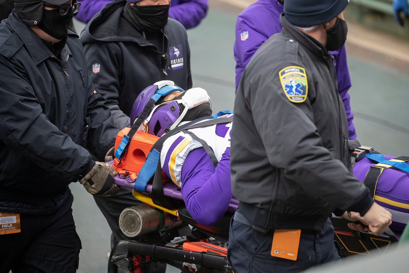 Vikings cornerback Cameron Dantzler was taken off the field by medical staff after an injury that took him from the game in the first quarter.