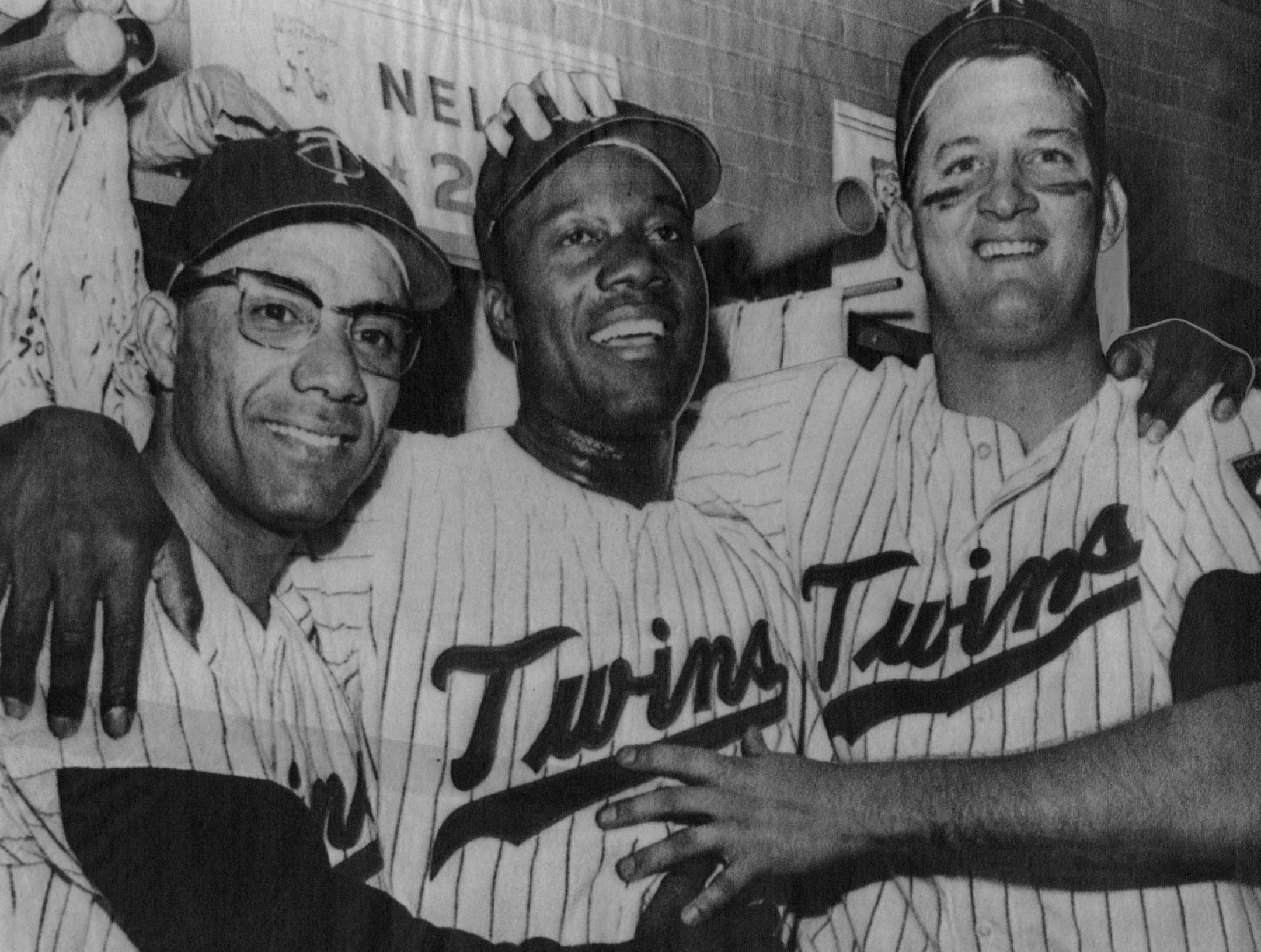 October 7, 1965 Twins Heroes : Zoilo Versalles, Jim Grant and Don Mincher in Dressing room after 8-2 victory Zoilo hit 3-run homer; Mudcat was winning pitcher and Don hit first Twins home run in second inning United Press International ORG XMIT: MIN2015040817174455