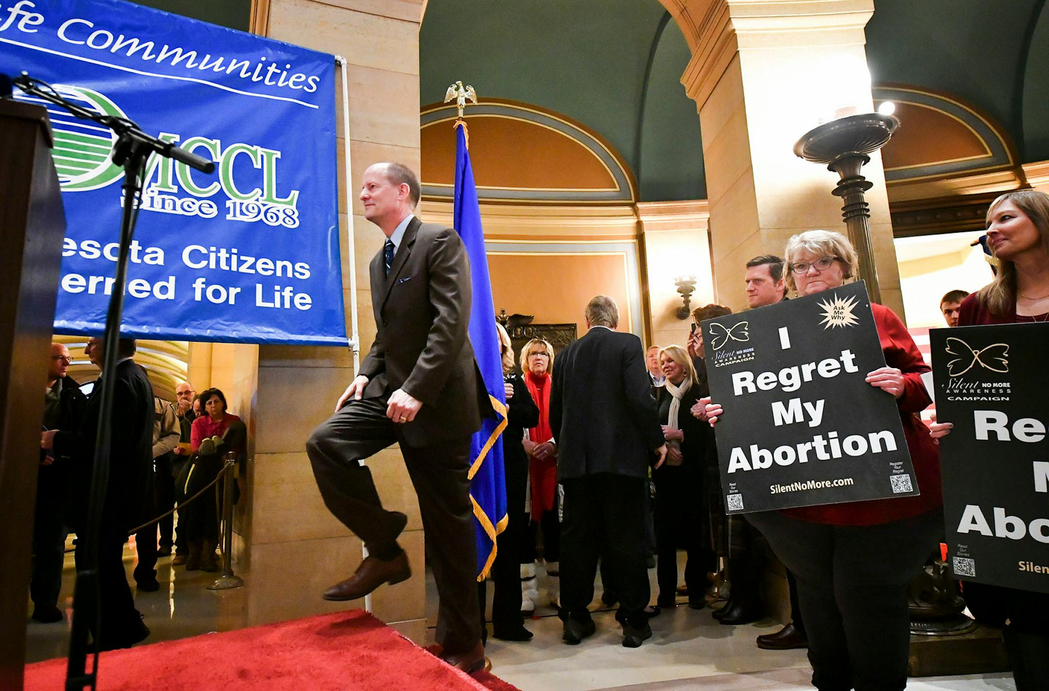 Over one thousand people showed up from around Minnesota as Minnesota Citizens Concerned for Life held a March on the State Capitol commemorating the 45th anniversary of the Roe v. Wade decision. The March for Life had to be moved from the Capitol steps to inside and heavy snow moved through the Twin Cities.