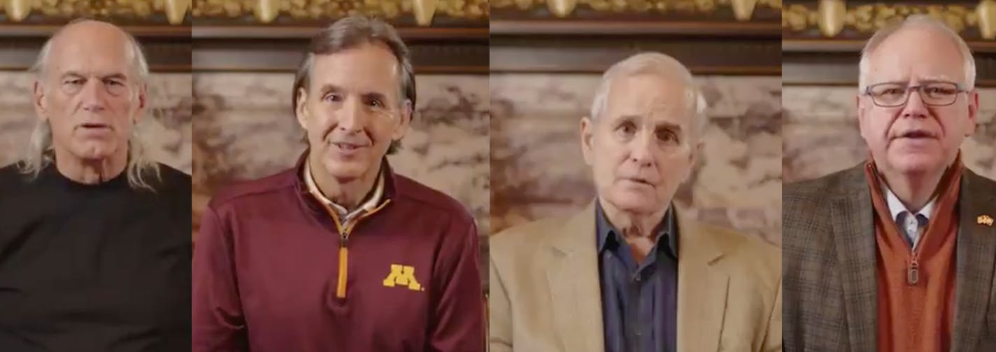 Former Minnesota governors, from left, Independent Jesse Ventura, Republican Tim Pawlenty, Democrat Mark Dayton and current Democratic Gov. Tim Walz took part in a public service announcement that election results could take longer than usual and called for "civility and decency" around the outcome.