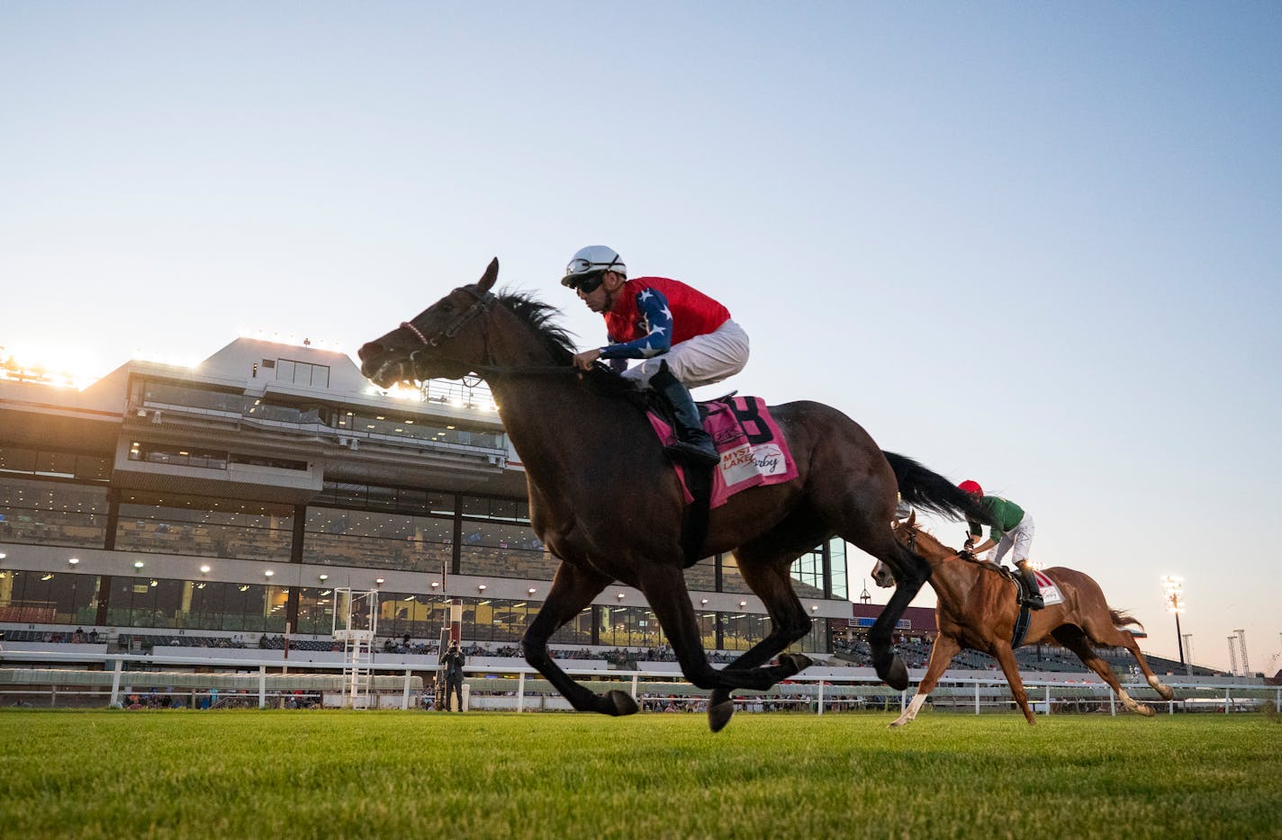 Florent Geroux atop Stitched easily won the $150,000 Mystic Lake Derby turf race Wednesday evening, June 22 in the Mystic Lake Northern Stars Turf Festival at Canterbury Park in Shakopee. The $150,000 Mystic Lake Derby headlined the Mystic Lake Northern Stars Turf Festival at Canterbury Park. ] JEFF WHEELER • Jeff.Wheeler@startribune.com