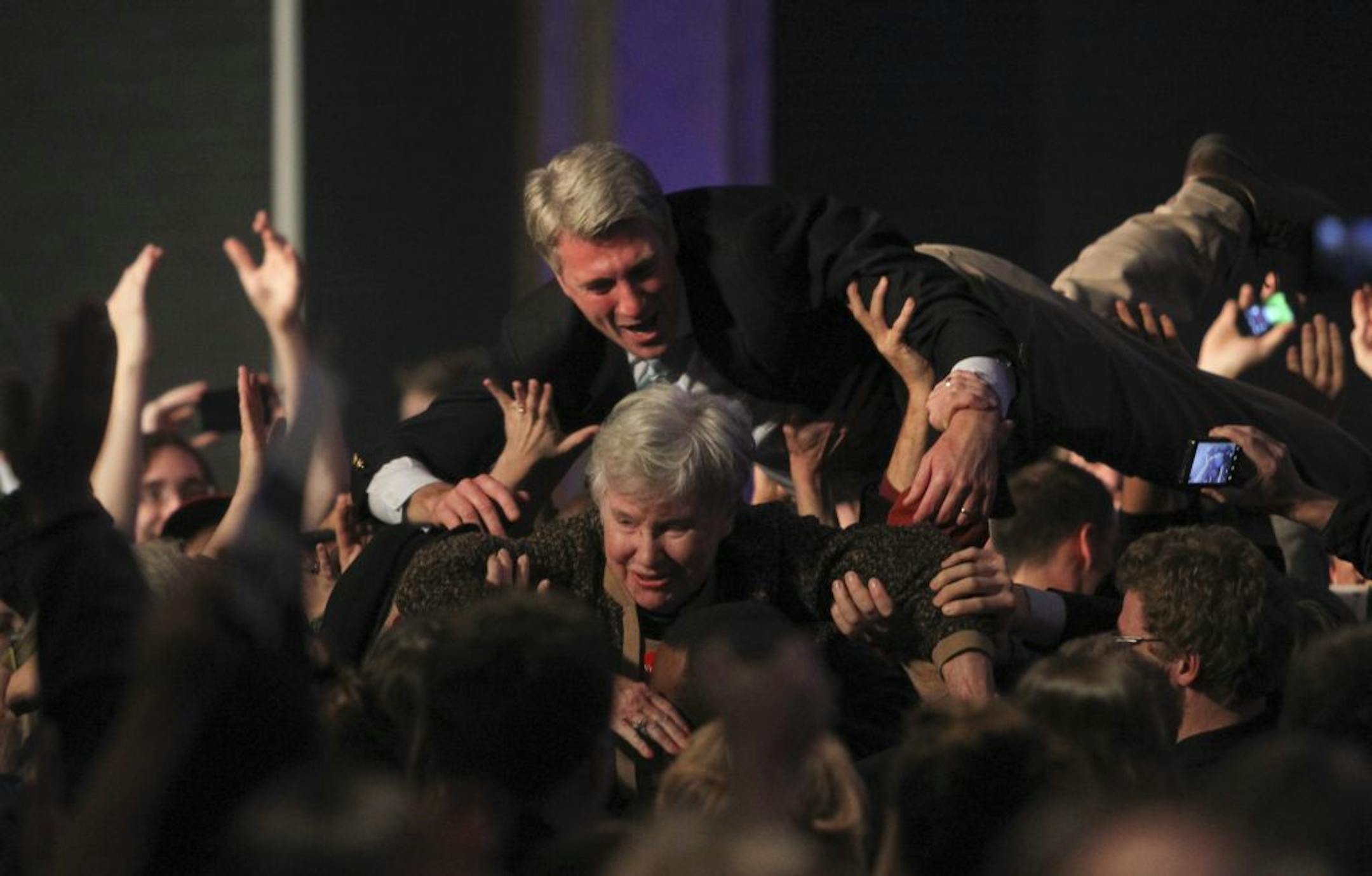 The Democratic party faithful gathered at the Minnesota DFL Party headquarters at the Crowne Plaza Hotel in downtown St. Paul, Minn. to hear election results Tuesday night, November 6, 2012. Minneapolis Mayor R.T. Rybak went crowd surfing with his mother, Lorraine, after it was announced that Pres. Barack Obama had won re-election.