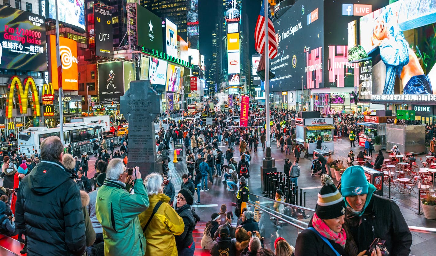 New York, NY, USA - December 7, 2016: A panoramic view of Times Square and all the people in Times Square, New York City.