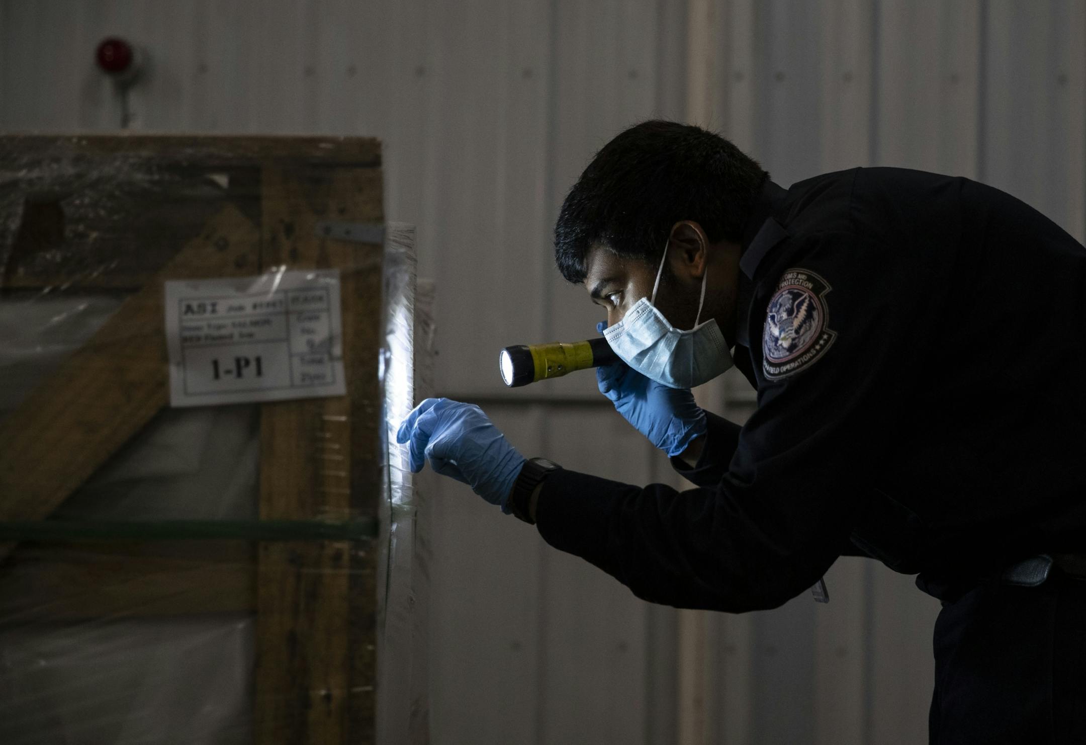 A U.S. Customs and Border Protection agriculture specialist searched the exterior of a box for bugs and other small pests to be sent in for analysis to determine if they pose a significant risk to the goods.