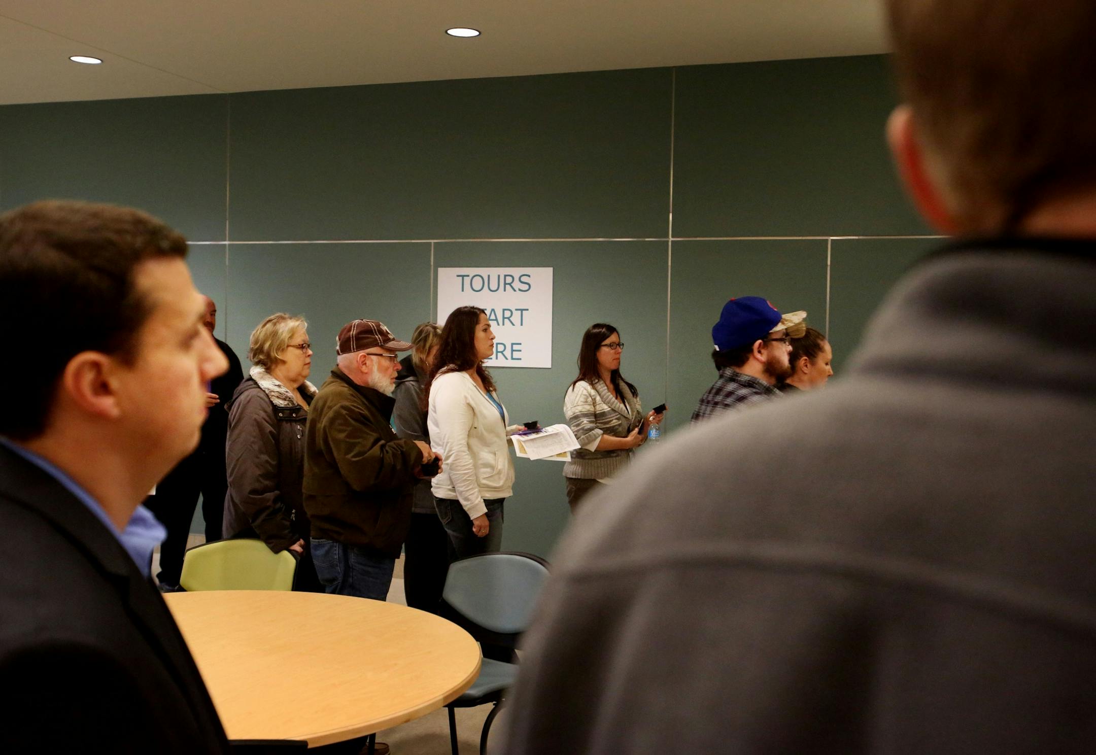 The Minnesota Security Hospital opened it's new $56 million facility to the public for a tour Wednesday, Oct. 12, 2016, in St. Peter, MN. Here, visitors line up in the dining room while waiting to tour the not yet completed new facility.