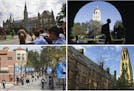 This combination of images shows college campuses, clockwise from top left, Georgetown University, Stanford University, Yale University, and Universit