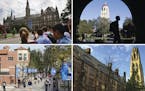 This combination of images shows college campuses, clockwise from top left, Georgetown University, Stanford University, Yale University, and Universit