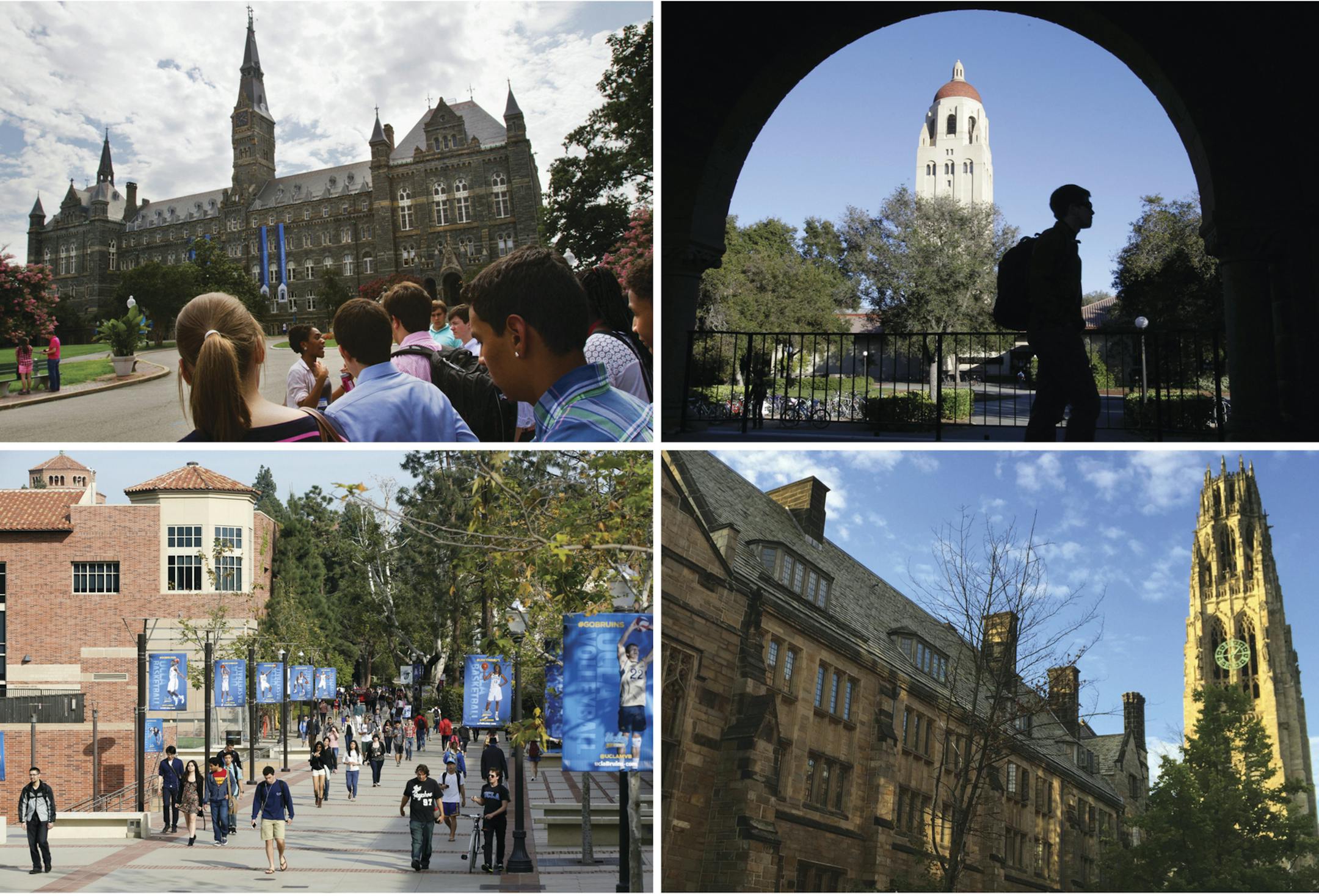 This combination of images shows college campuses, clockwise from top left, Georgetown University, Stanford University, Yale University, and University of California, Los Angeles. Prosecutors said dozens of parents paid bribes to alter their children’s test scores or get them into these and other colleges. The scandal underscored deep divisions on issues of class, privilege and race that are dominant themes in the political debate and part of daily discussions by regular Americans. (AP Ph