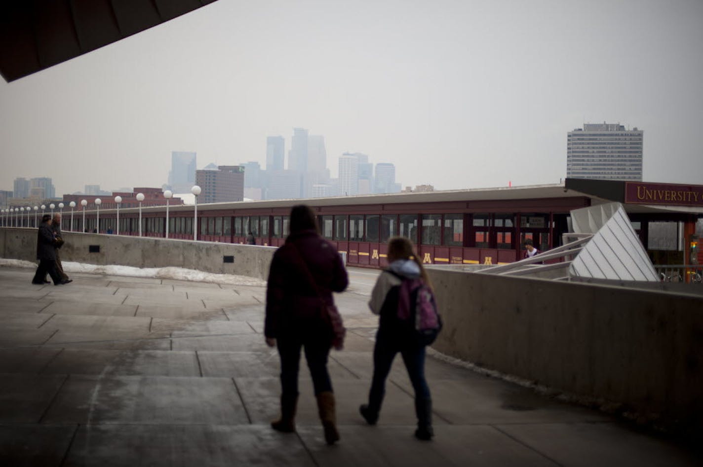 View of the Washington Avenue Bridge looking across the river toward Minneapolis.