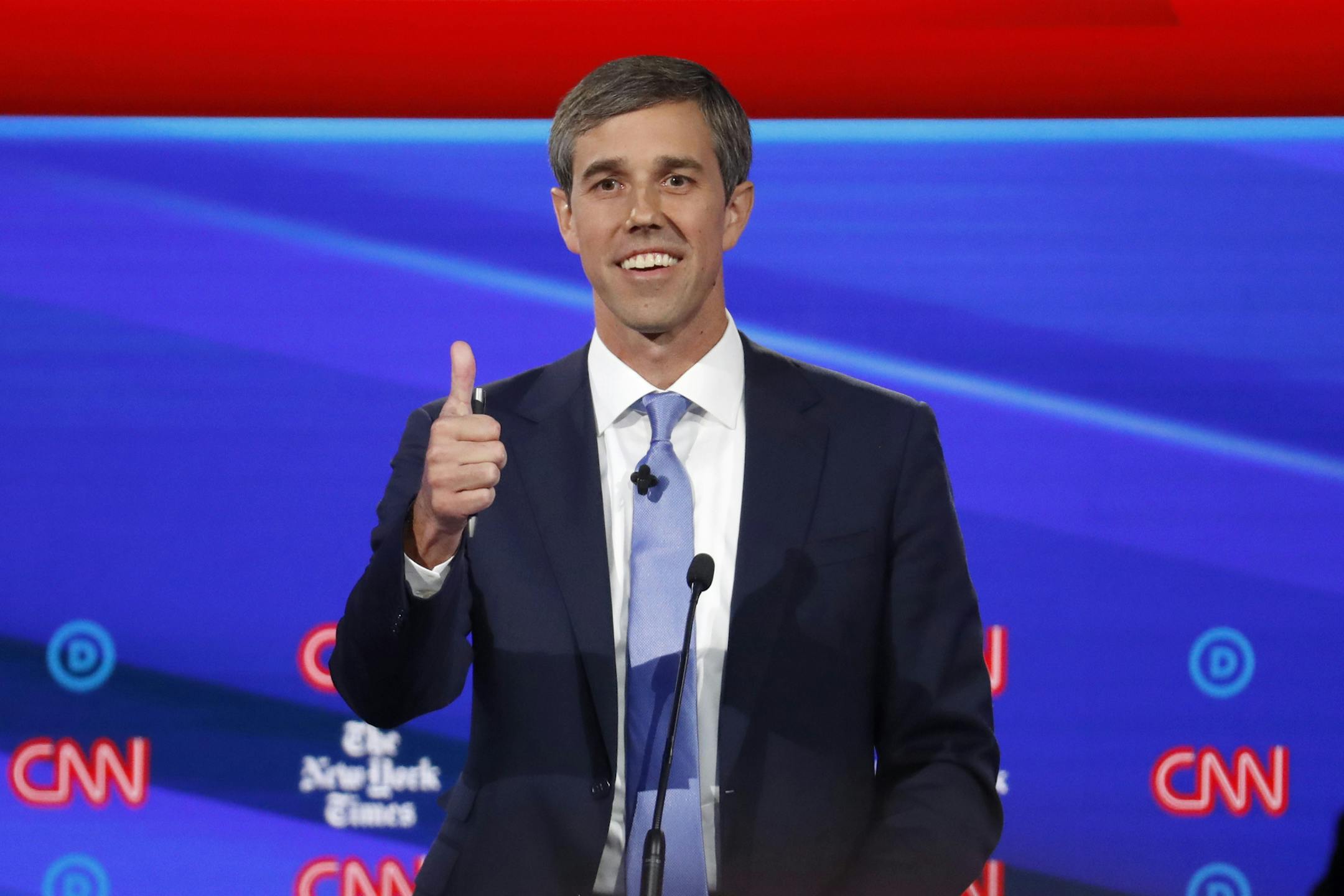 Democratic presidential candidate former Texas Rep. Beto O'Rourke speaks during a Democratic presidential primary debate hosted by CNN/New York Times at Otterbein University, Tuesday, Oct. 15, 2019, in Westerville, Ohio. (AP Photo/John Minchillo)
