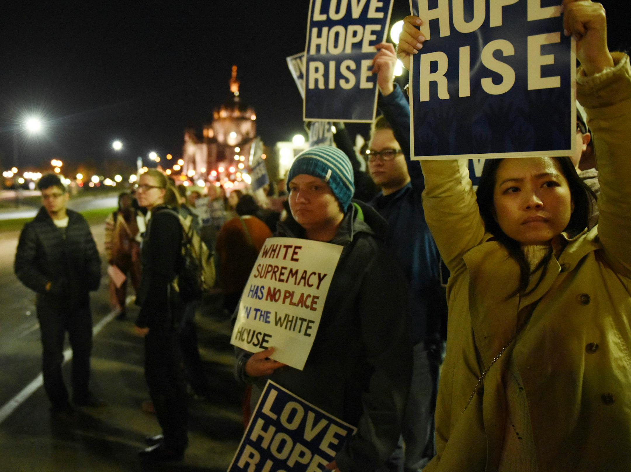 Not Vang, right, came from Menomonee, Wisc., where a Saudi Arabian student was recently beat to death. ] Mark Vancleave - mark.vancleave@startribune.com * Over anti Donald Trump 200 protesters marched from the Capitol through downtown St. Paul and back Wednesday, Nov. 9, 2016 in St. Paul, Minnesota.