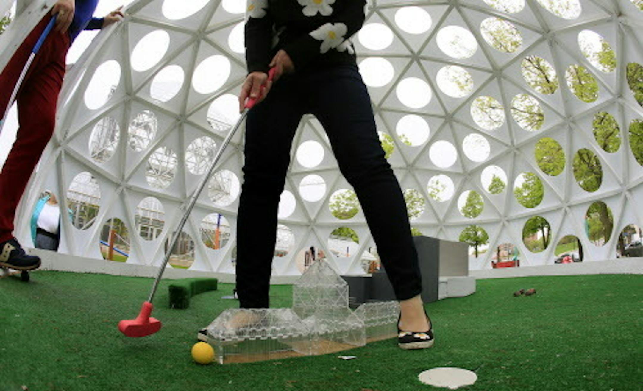 Walker Art Center's opening of a new Artist-designed-mini-golf course to mark the 25th anniversary of the Mpls sculpture garden will open Thursday, May 23rd. Here, Hole #3, course B, Mega Golf, designed by University of Minnesota students. ]  BRIAN PETERSON • brianp@startribune.com Minneapolis, MN - 05/17/2013